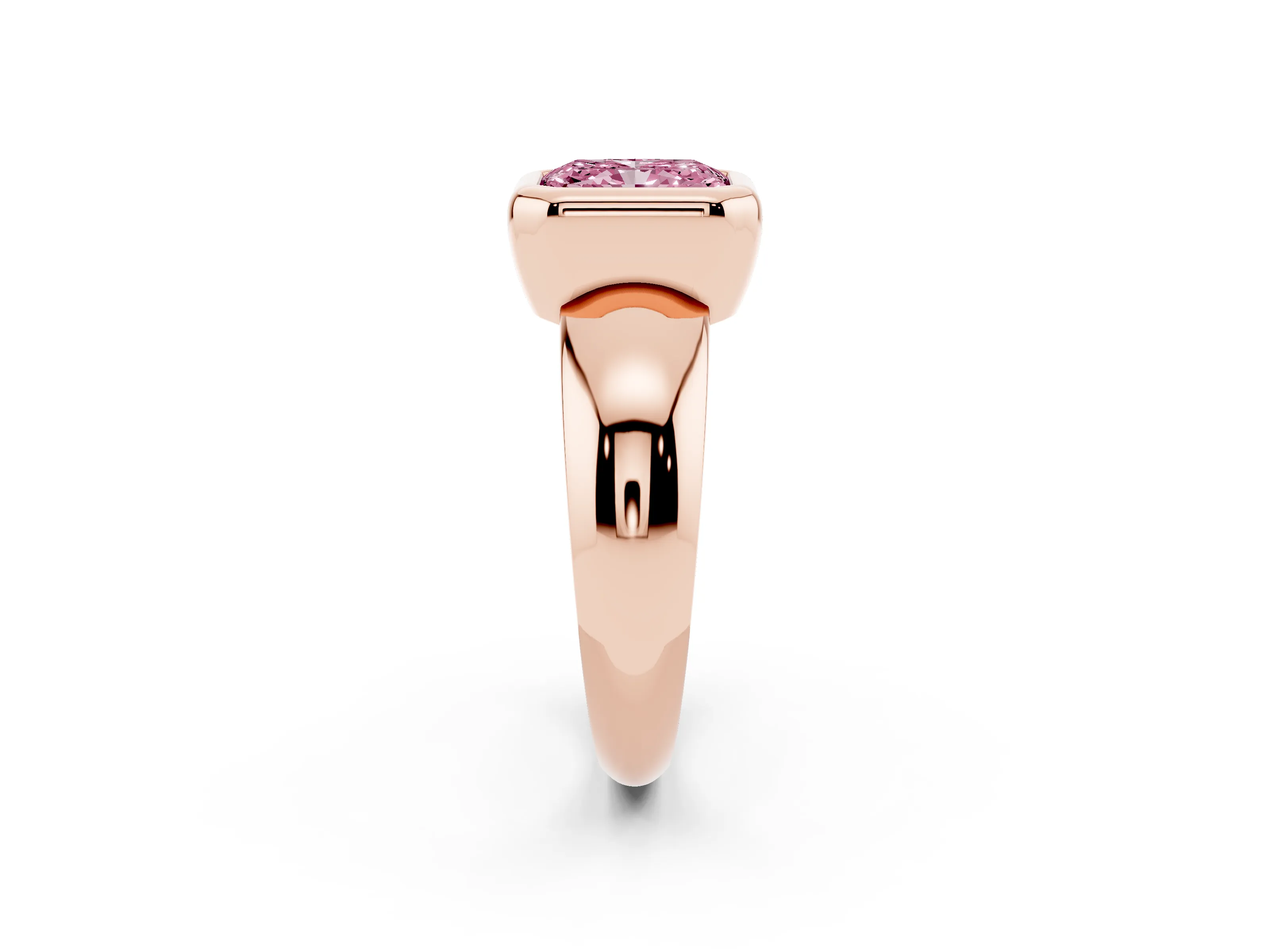 Fancy Pink Bezel Set Radiant Cut Diamond Solitaire Ring Set in Rose gold with Wide Band