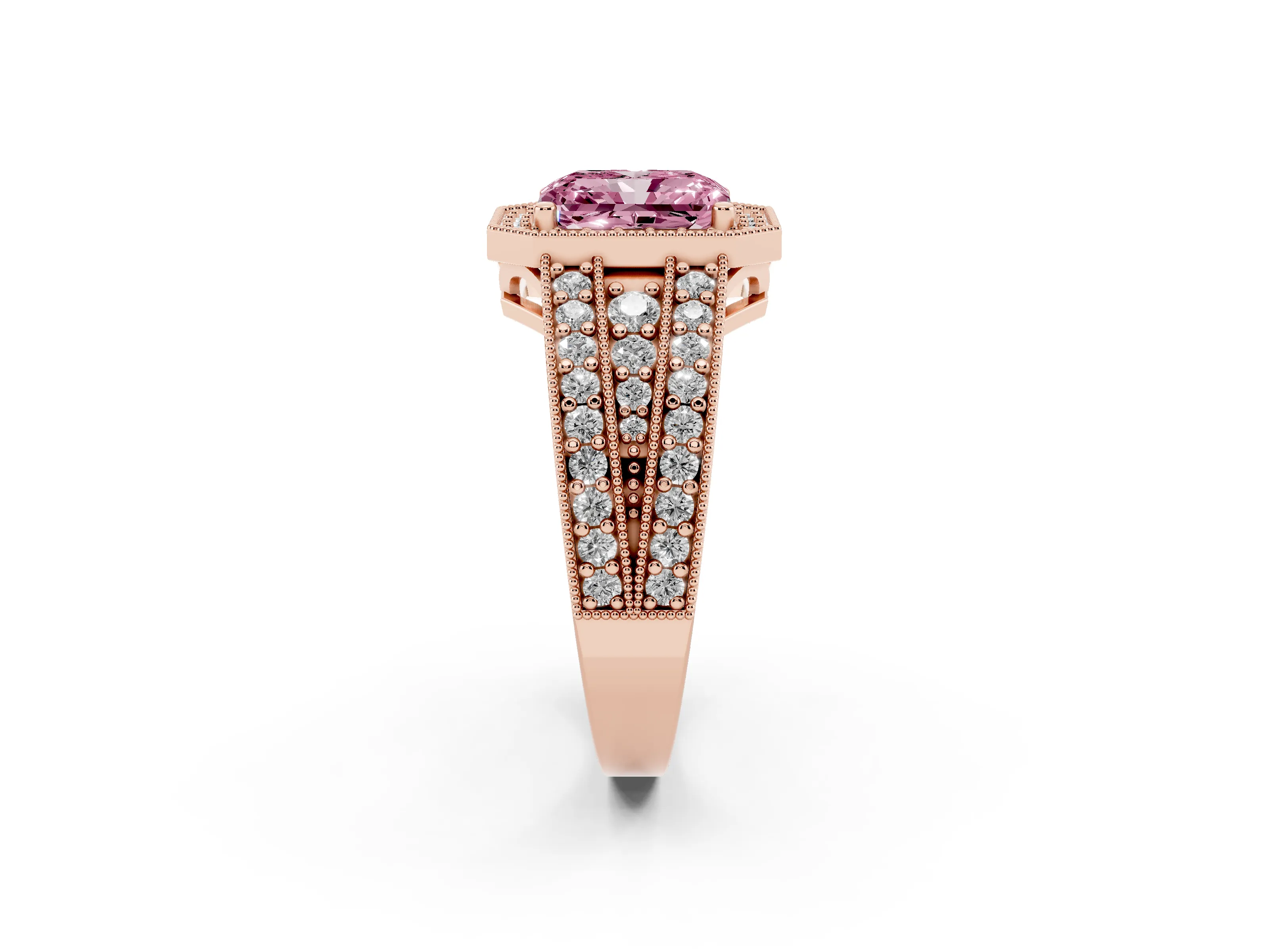 Fancy Pink Radiant Cut Diamond Halo Ring Set in Rose gold with Accent Split Shank and Prong Setting