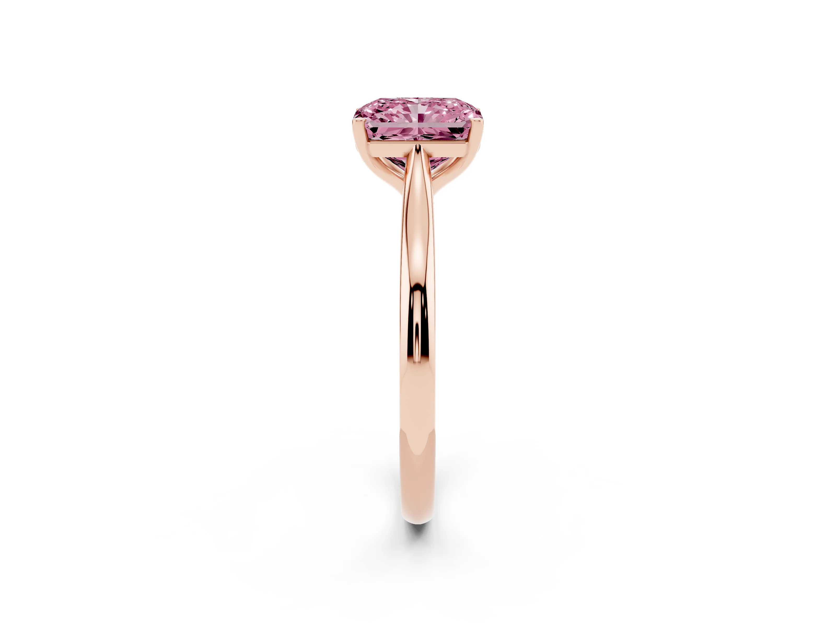 Fancy Pink Radiant Cut Diamond Solitaire Ring Set in Rose gold with Cathedral Band and Prong Setting