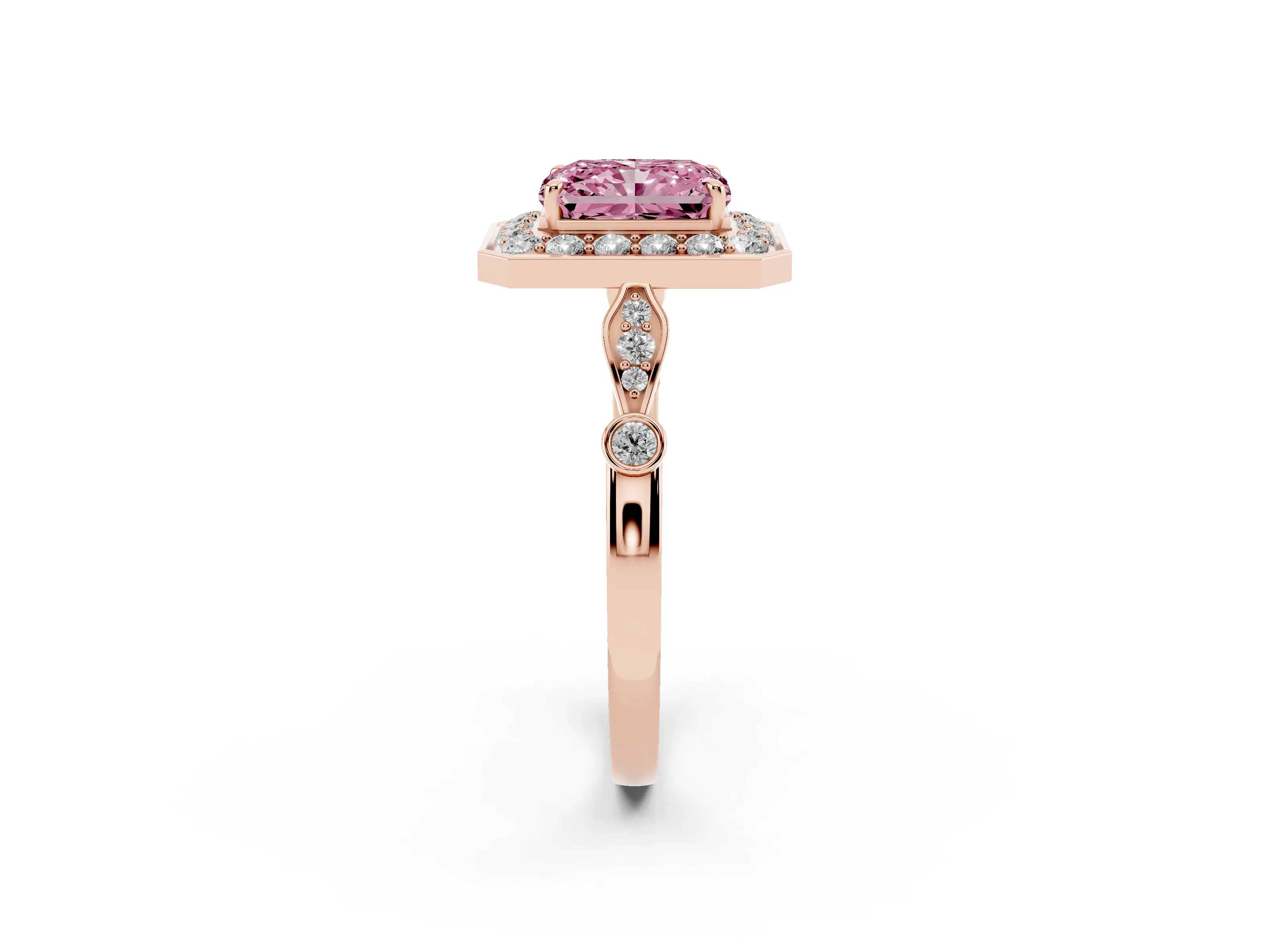 Fancy Pink Radiant Cut Diamond Halo Engagement Ring Set in Rose gold with Twisted Band and Prong Setting