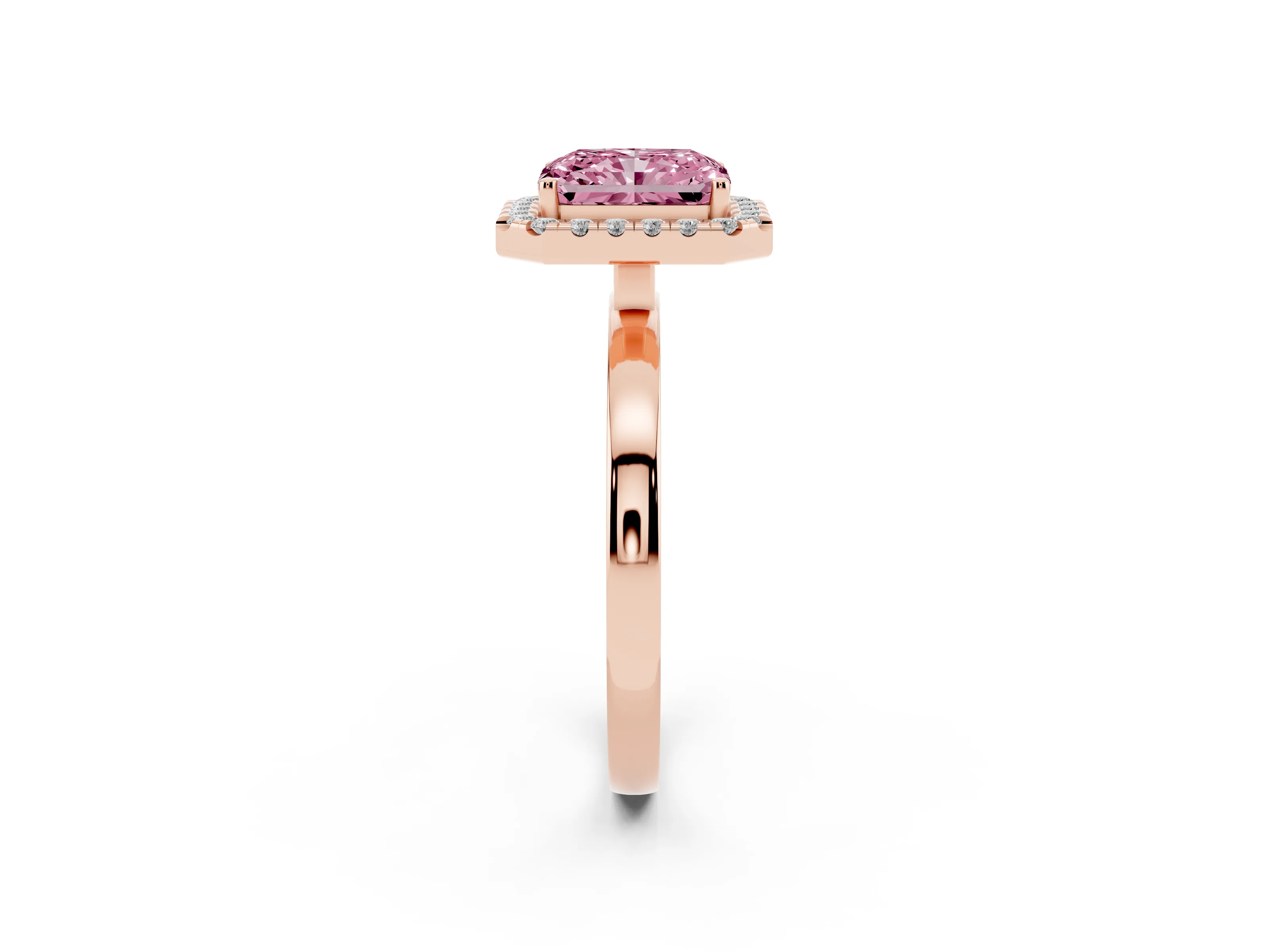 Fancy Pink Radiant Cut Diamond Halo Solitaire Ring Set in Rose gold with Pavé Band and Prong Setting