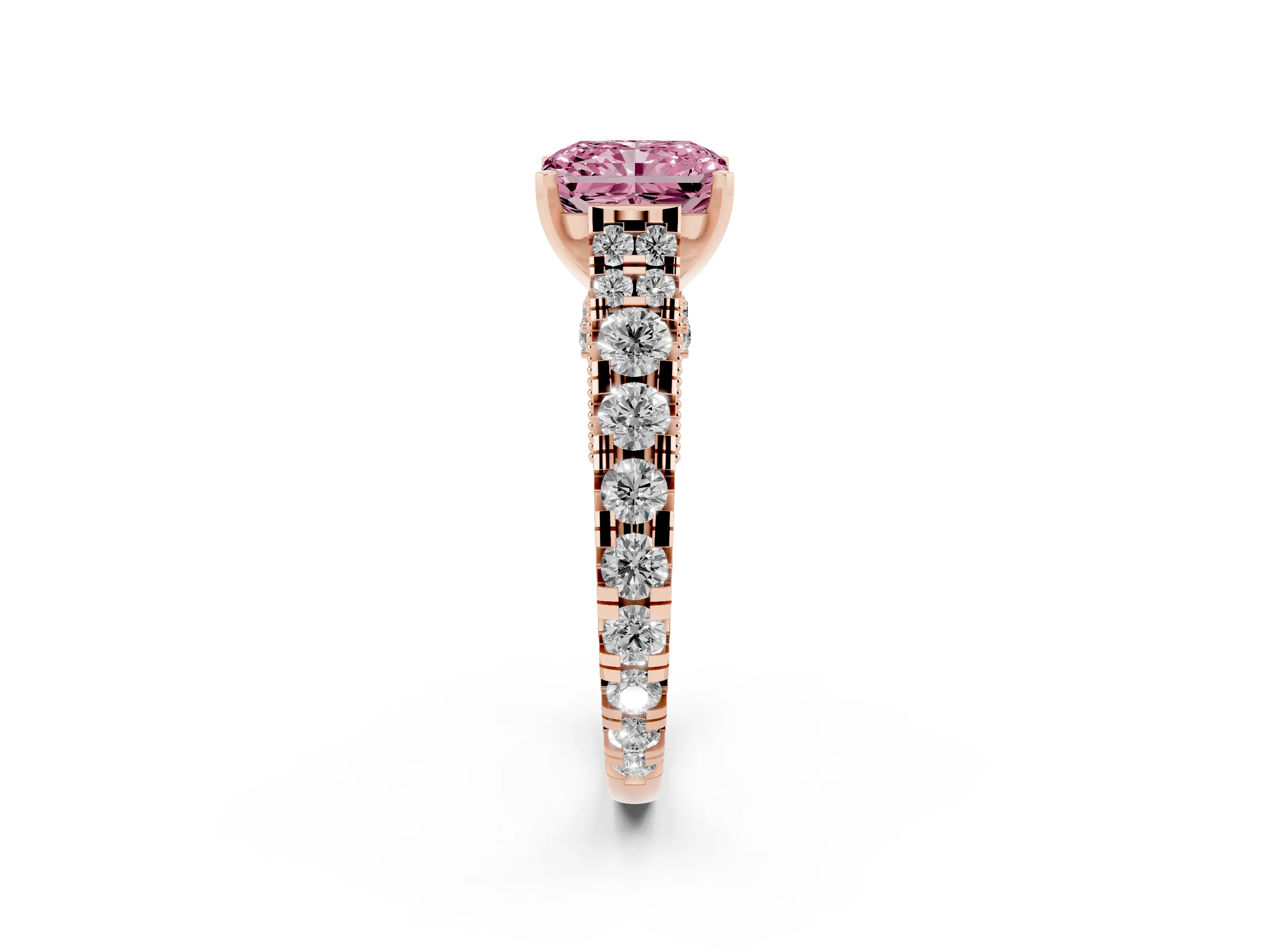 Fancy Pink Radiant Cut Diamond Classic Solitaire Ring Set in Rose gold with Pavé Band and Prong Setting