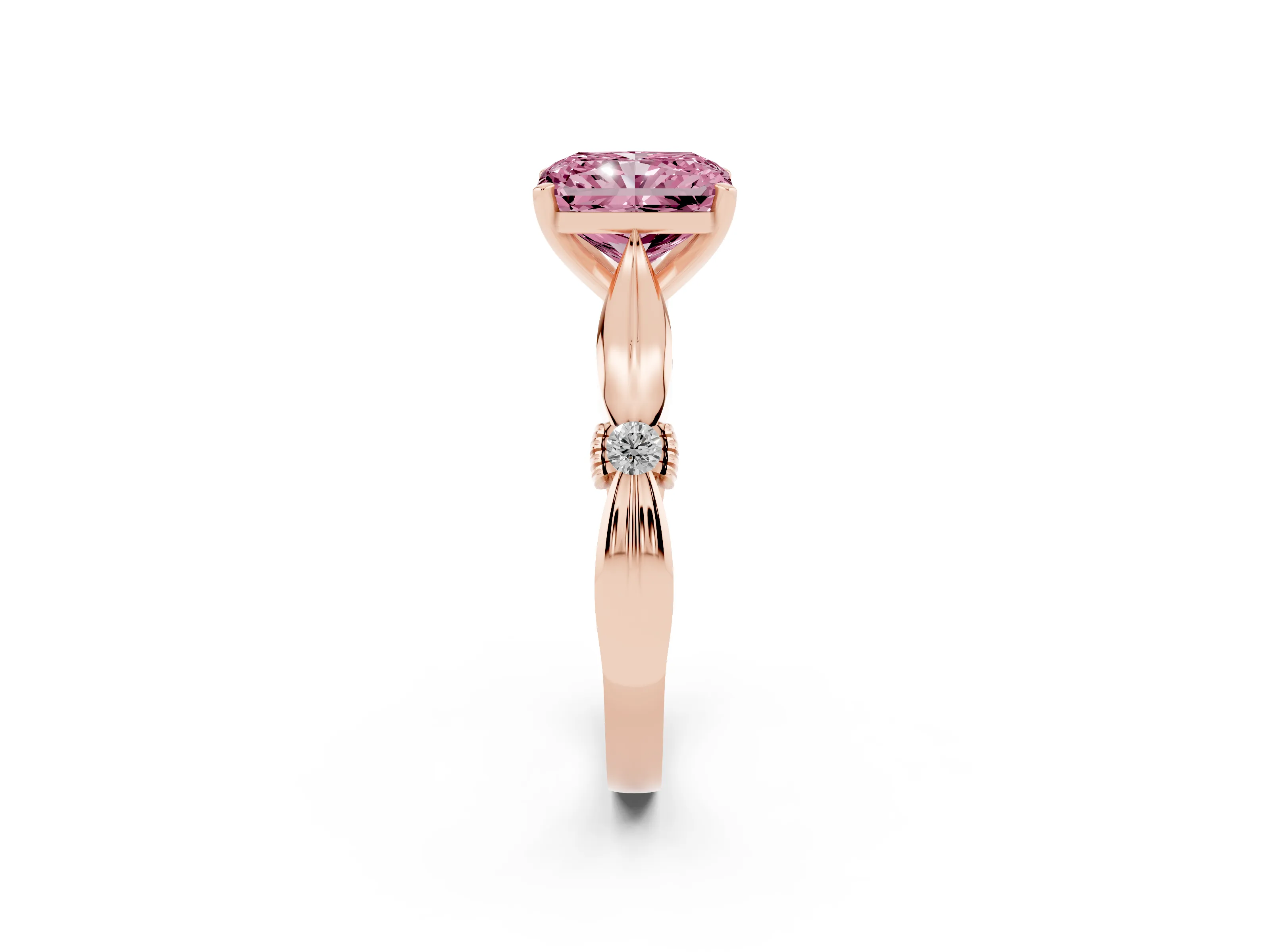 Fancy Pink Radiant Cut Diamond Solitaire Twisted Band Ring Set in Rose gold with Accent Stones and Prong Setting