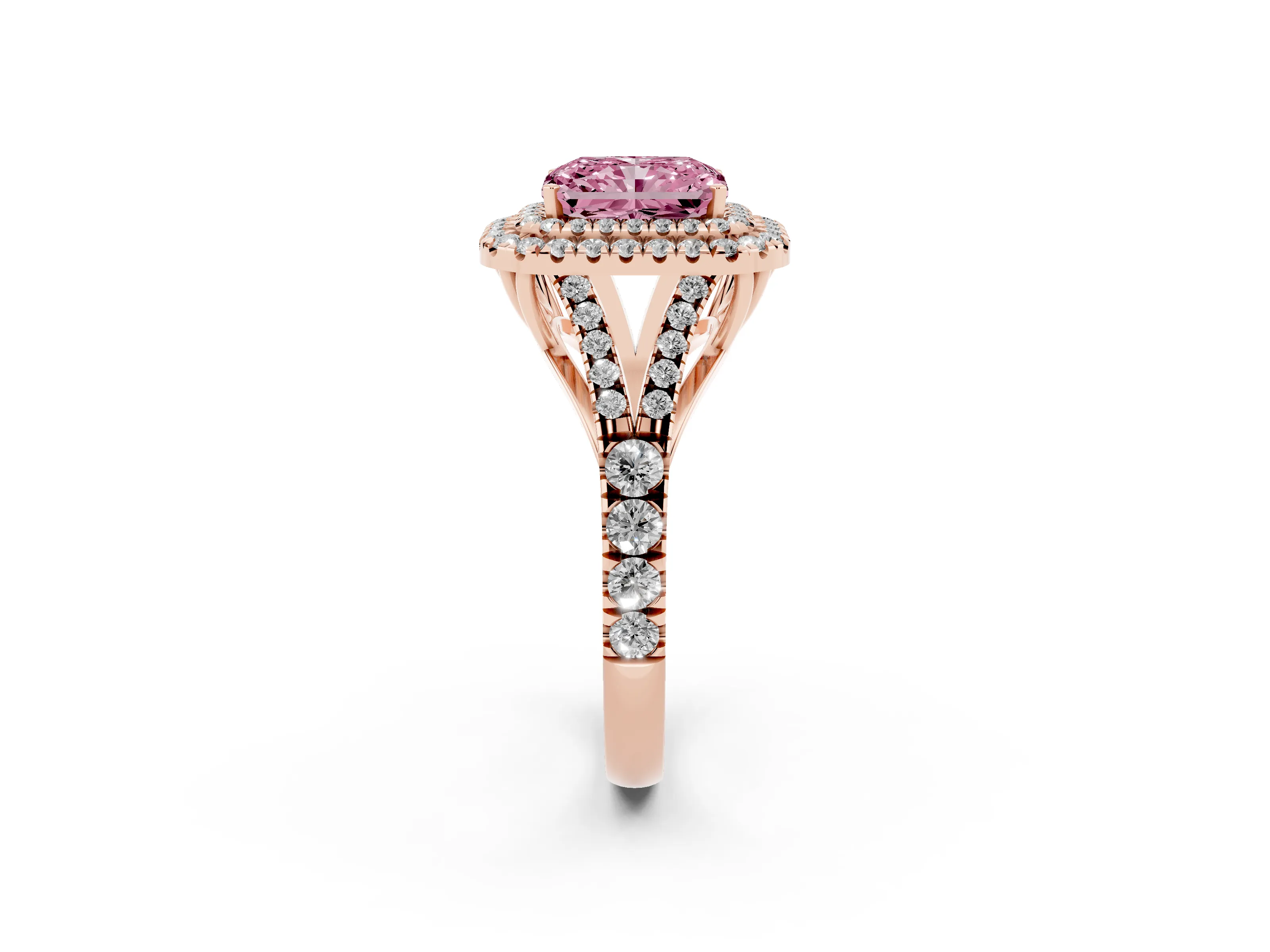 Fancy Pink Radiant Cut Diamond Pavé Split Shank Double Halo Engagement Ring Set in Rose gold