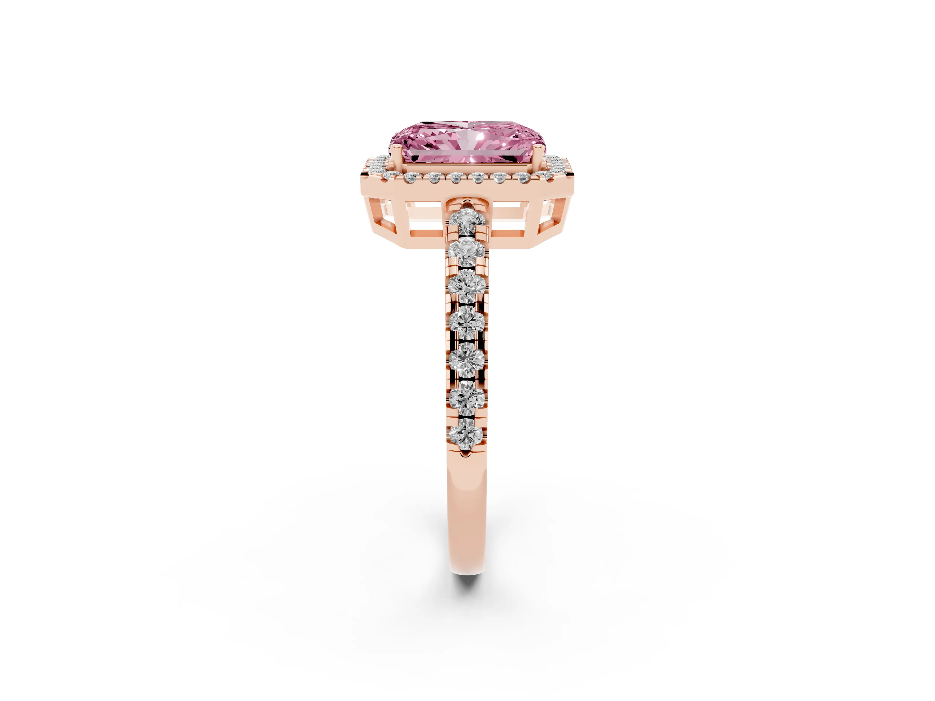 Fancy Pink Radiant Cut Diamond Halo Ring Set in Rose gold with Delicate Pavé Band and Prong Setting