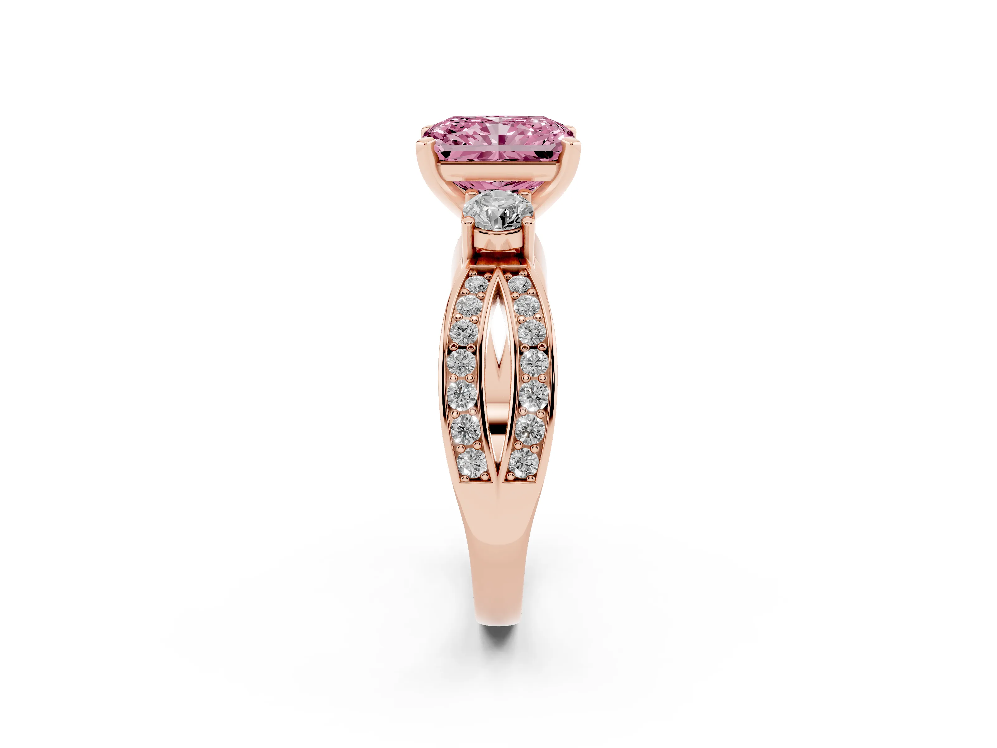 Fancy Pink Three-Stone Radiant Cut Diamond Twist Band Ring Set in Rose gold with Pavé Accents and Prong Setting