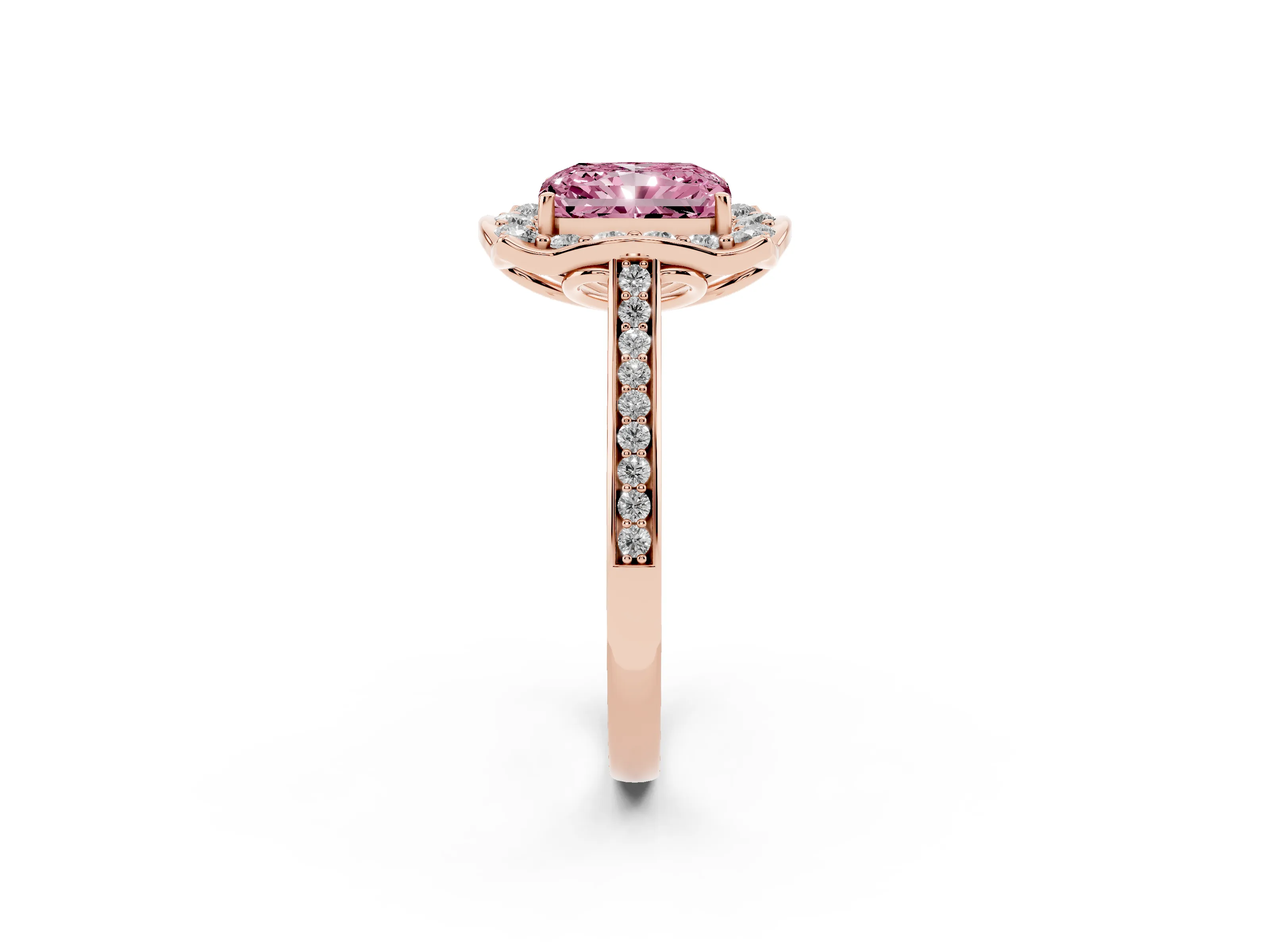 Fancy Pink Radiant Cut Diamond Halo Ring Set in Rose gold with Pavé-Lined Shoulders and Prong Setting