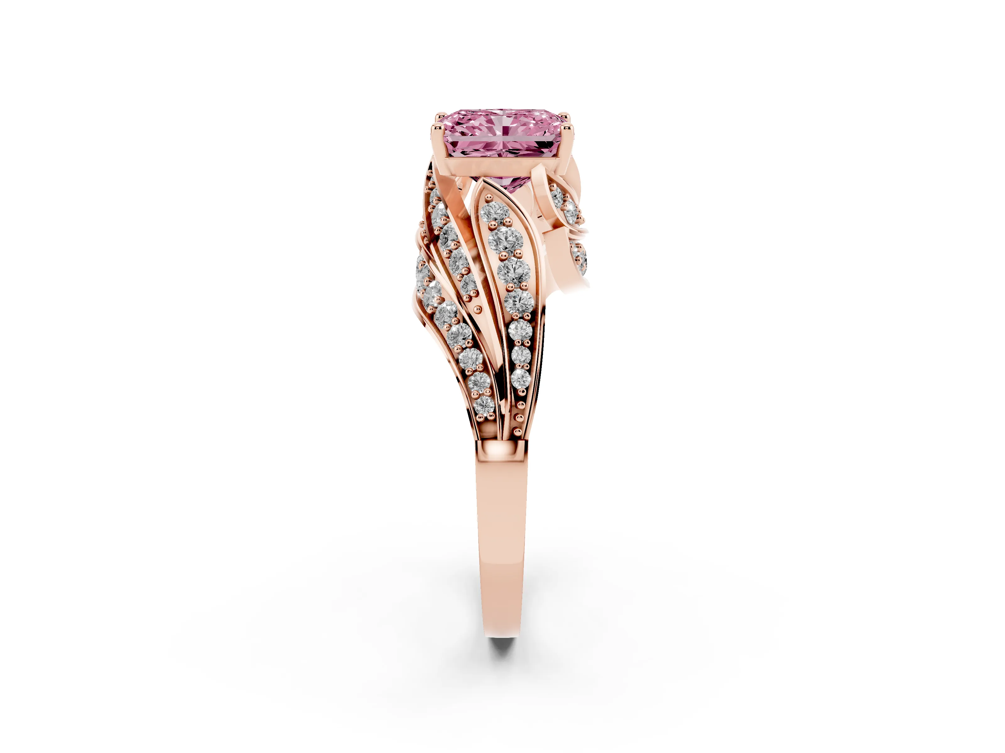 Fancy Pink Radiant Cut Diamond Solitaire Ring Set in Rose gold with Layered Twist Pavé Band