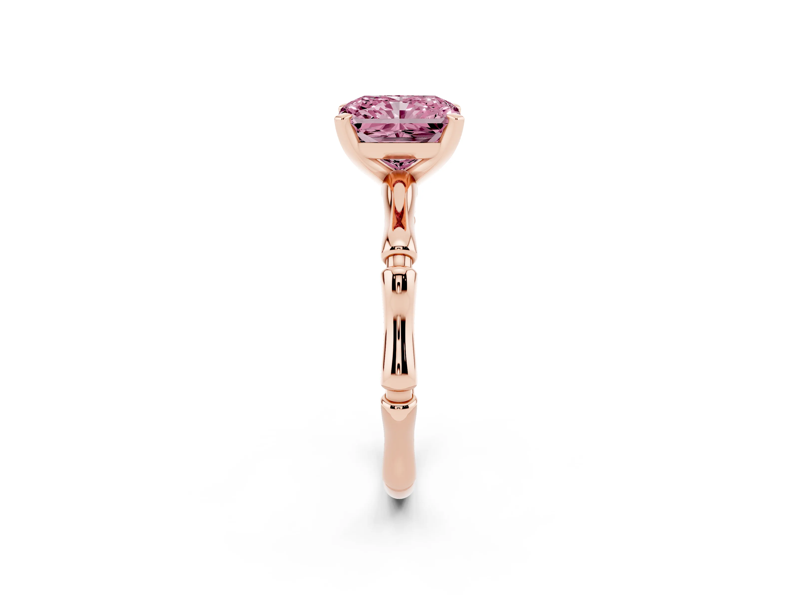 Fancy Pink Radiant Cut Diamond Solitaire Ring Set in Rose gold with Bamboo Band and Prong Setting