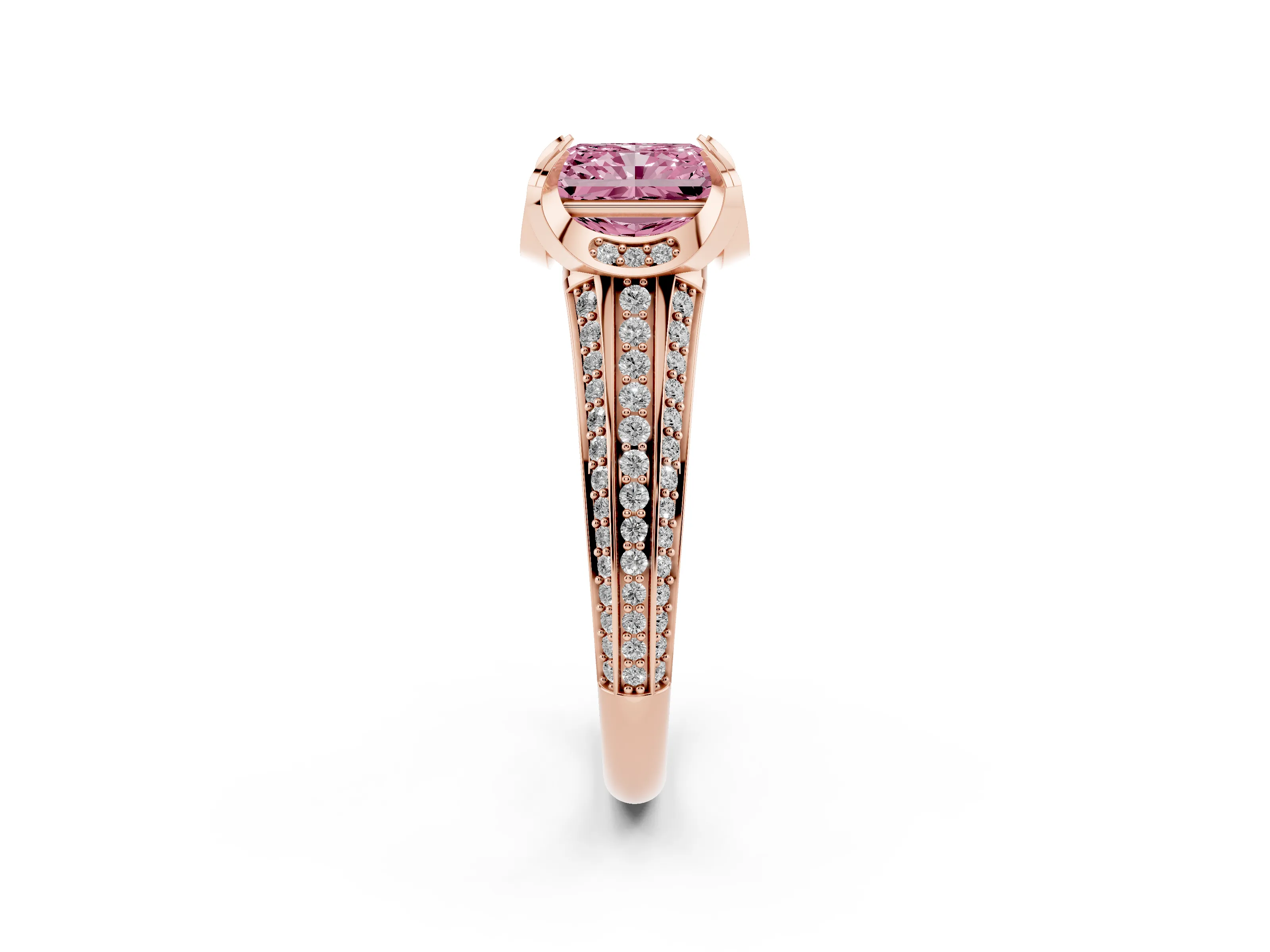 Fancy Pink Radiant Cut Diamond Pavé Split Shank Solitaire Ring Set in Rose gold with Prong Setting