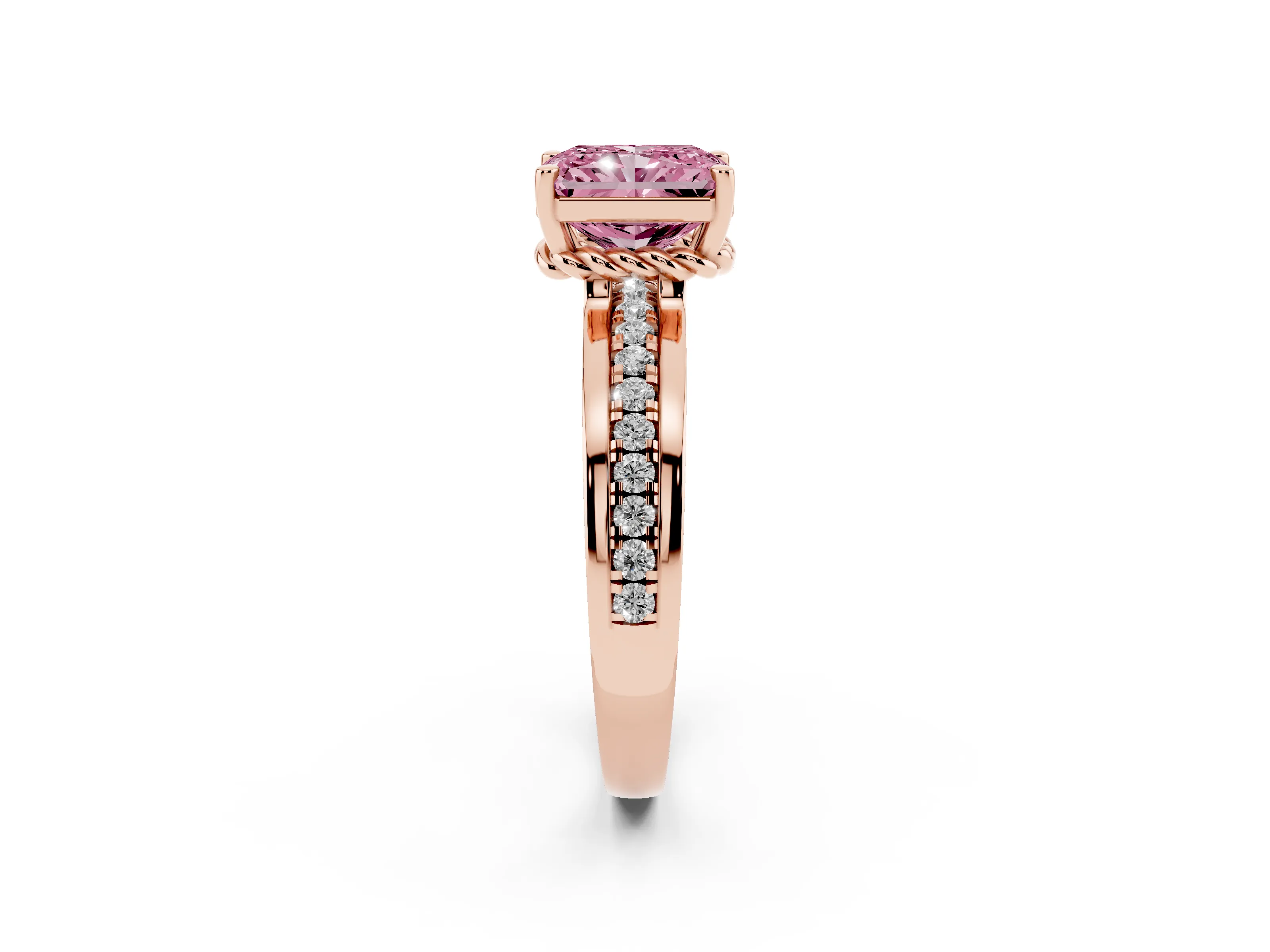 Fancy Pink Radiant Cut Diamond Solitaire Ring Set in Rose gold with Channel Set Band and Prong Setting