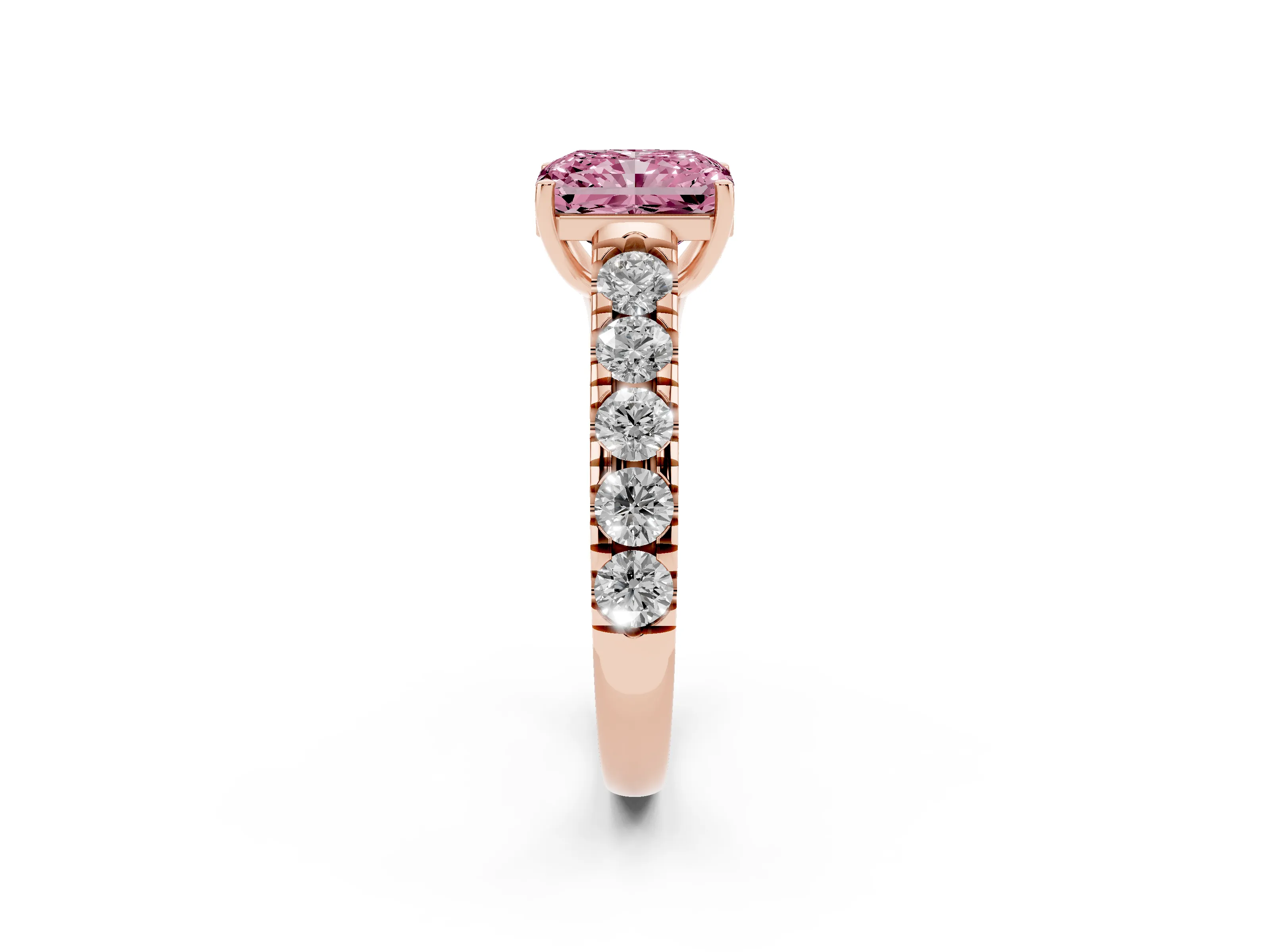 Fancy Pink Radiant Cut Diamond Solitaire Ring Set in Rose gold with Cut-Down Micro Pavé Band and Prong Setting