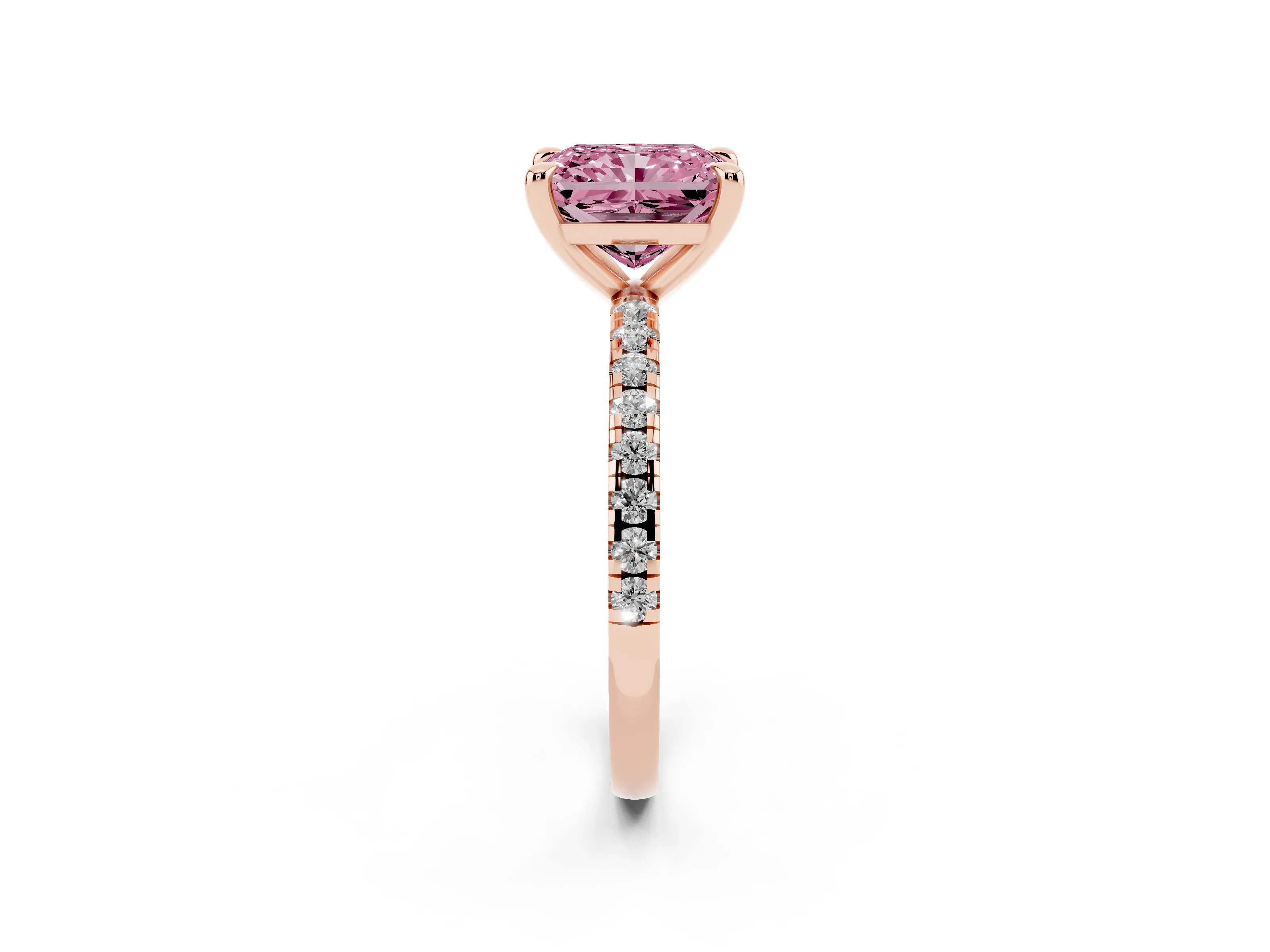 Fancy Pink Radiant Cut Diamond Brilliant Solitaire Ring Set in Rose gold with Pavé Band and Prong Setting