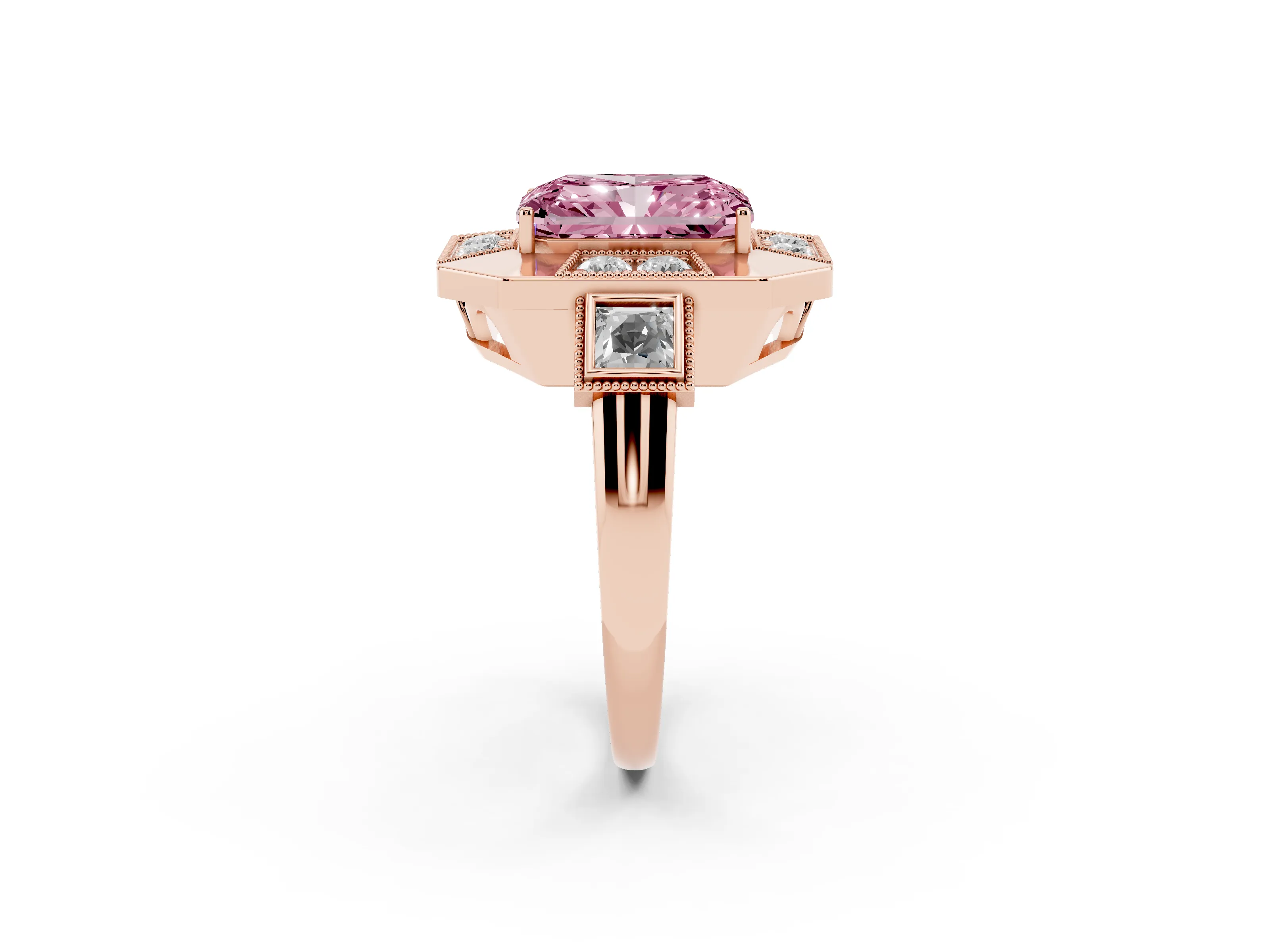Fancy Pink Radiant Cut Diamond Milgrain Halo Ring Set in Rose gold with Split Shank