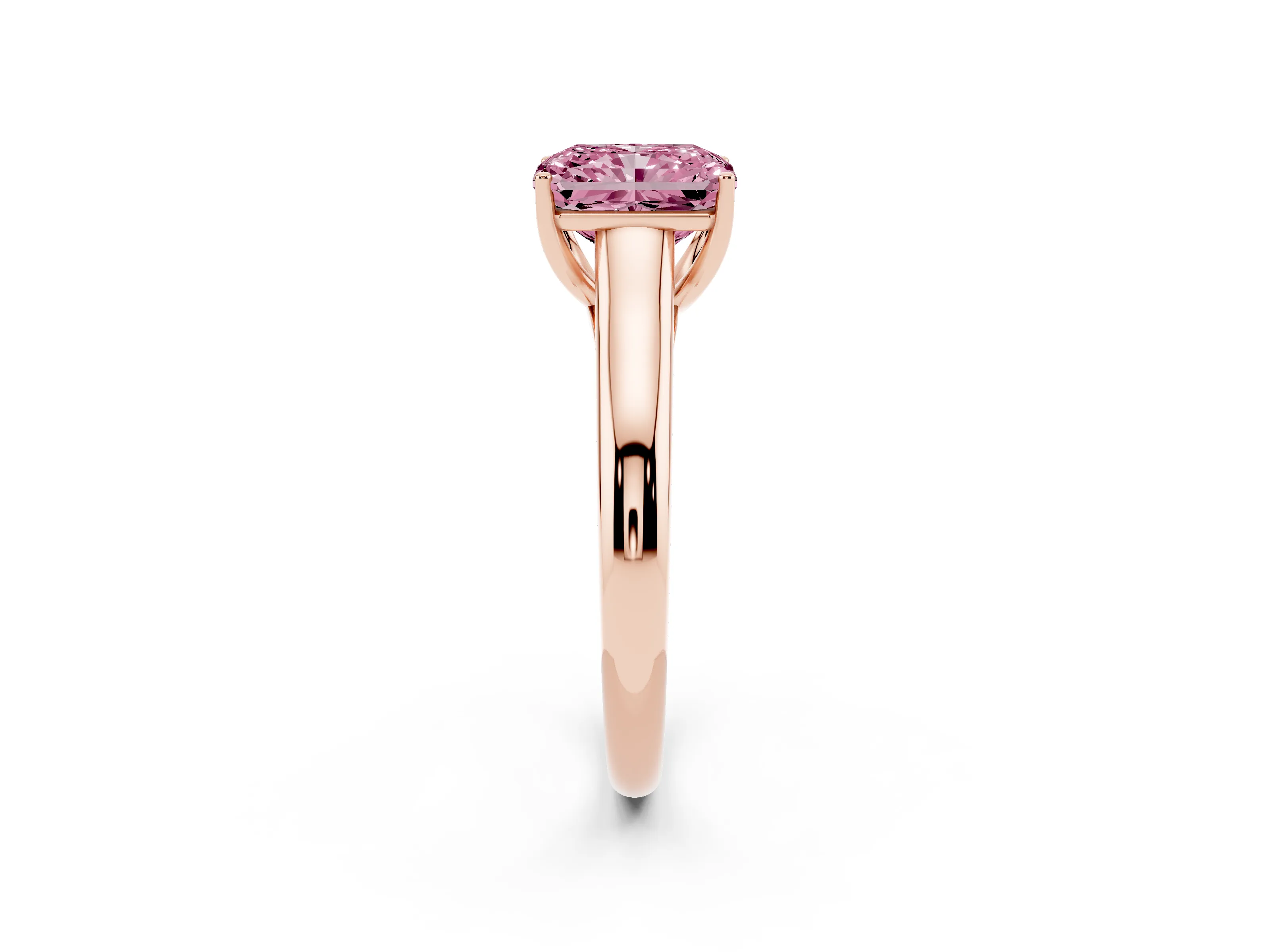 Fancy Pink Radiant Cut Diamond Solitaire Engagement Ring Set in Rose gold with Subtly Tapered Band and Prong Setting
