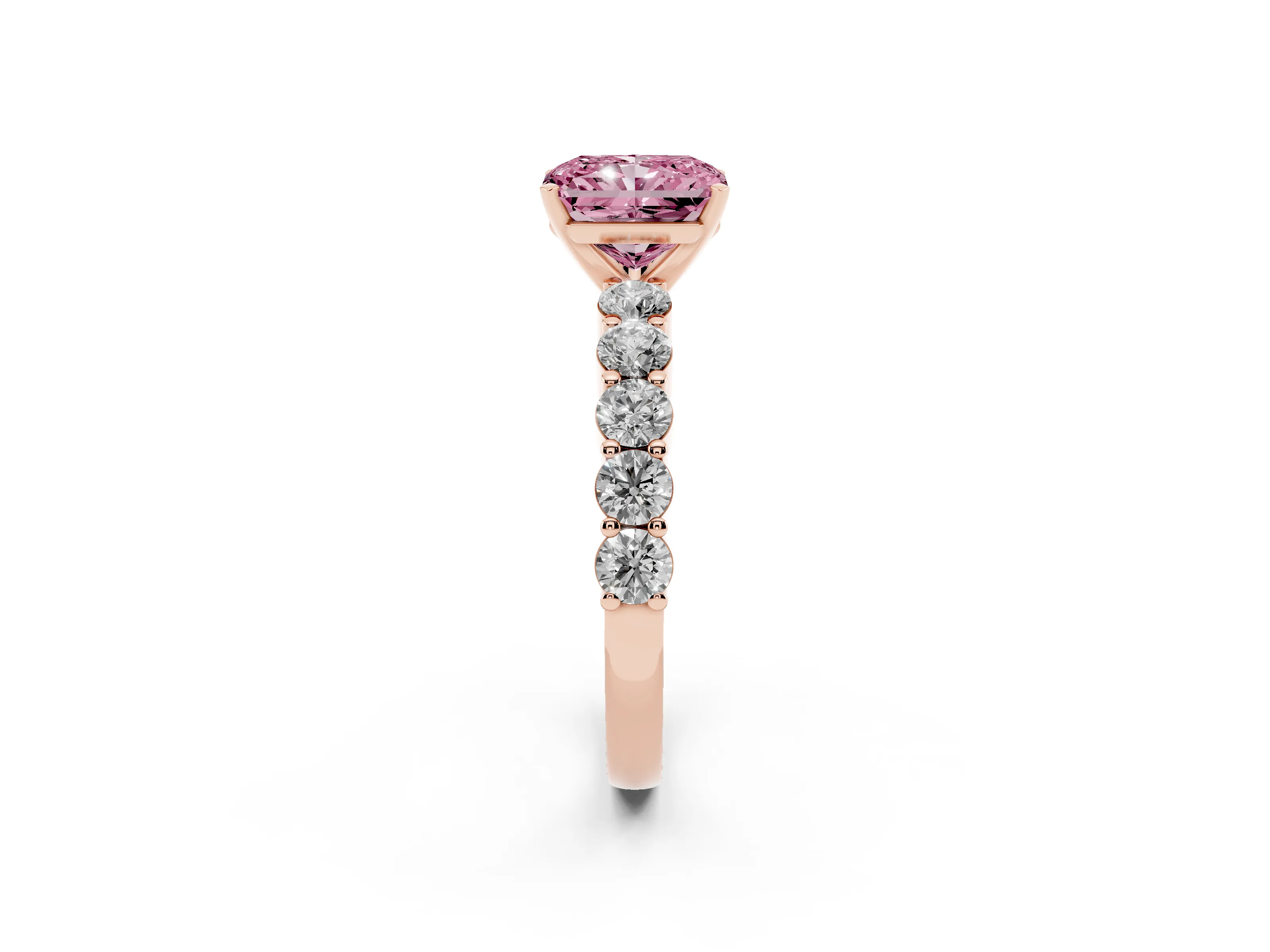 Fancy Pink Radiant Cut Diamond Solitaire Ring Set in Rose gold with Shared Prong Round Side Stones