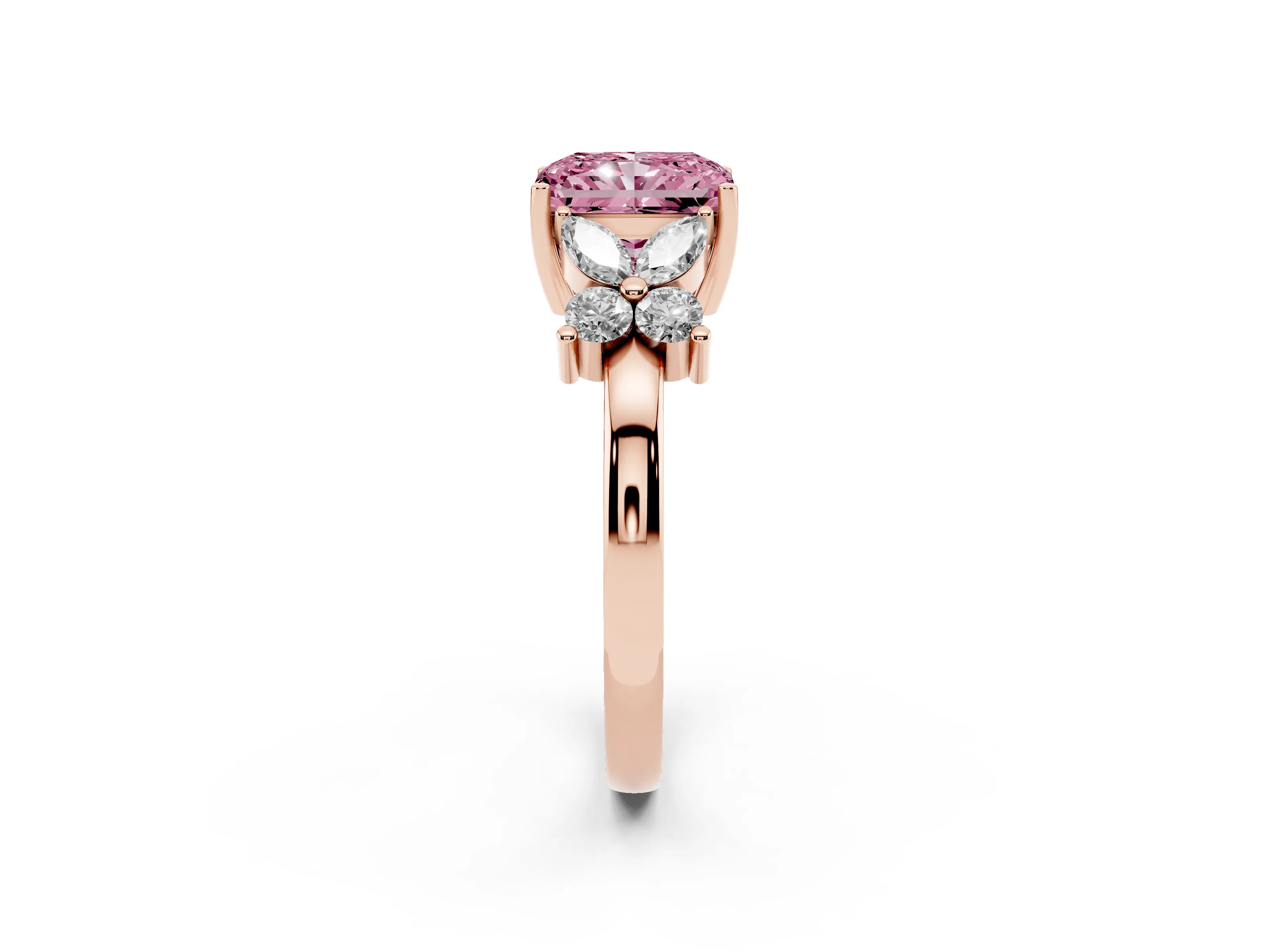 Fancy Pink Radiant Cut Diamond Floral Cluster Ring Set in Rose gold with Marquise Petals and Prong Setting