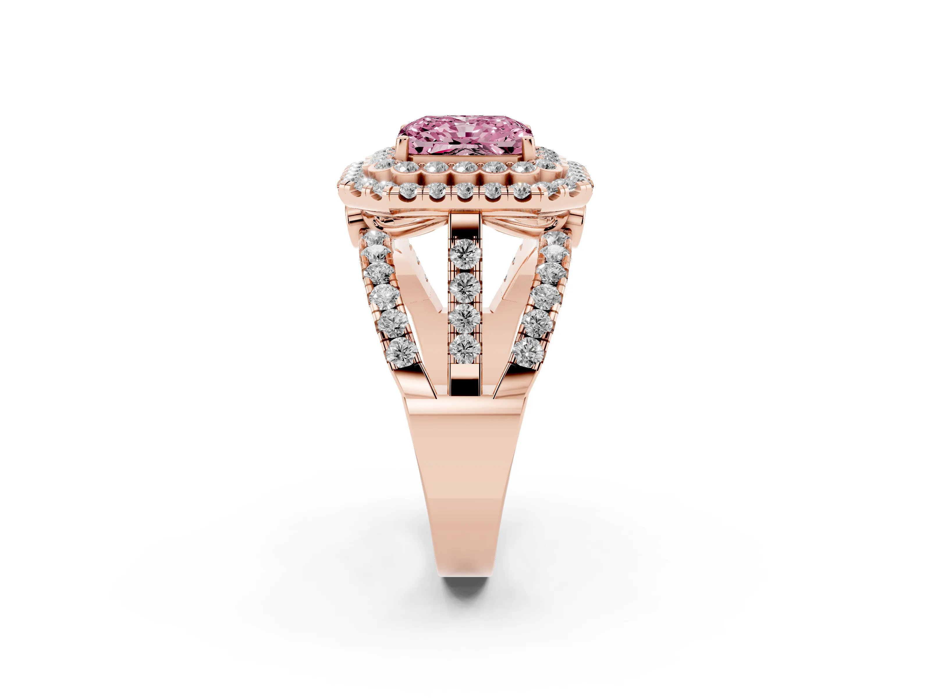 Fancy Pink Radiant Cut Diamond Double Halo Ring Set in Rose gold with Round Pavé Split Shank