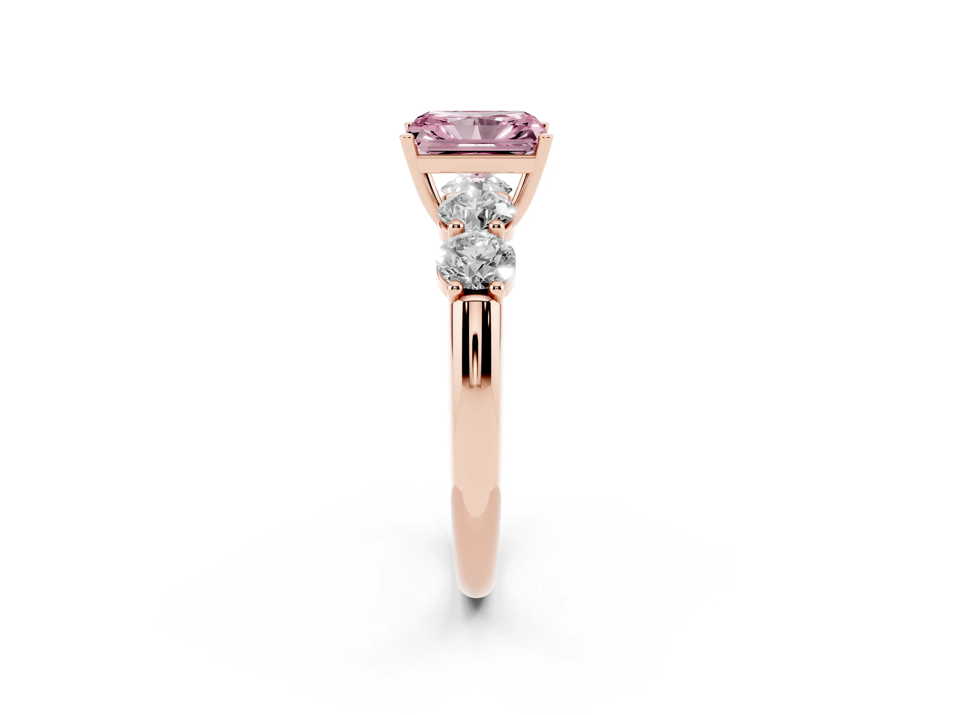 Fancy Pink Radiant Cut Diamond Five-Stone Prong Set Ring Set in Rose gold with Classic Band