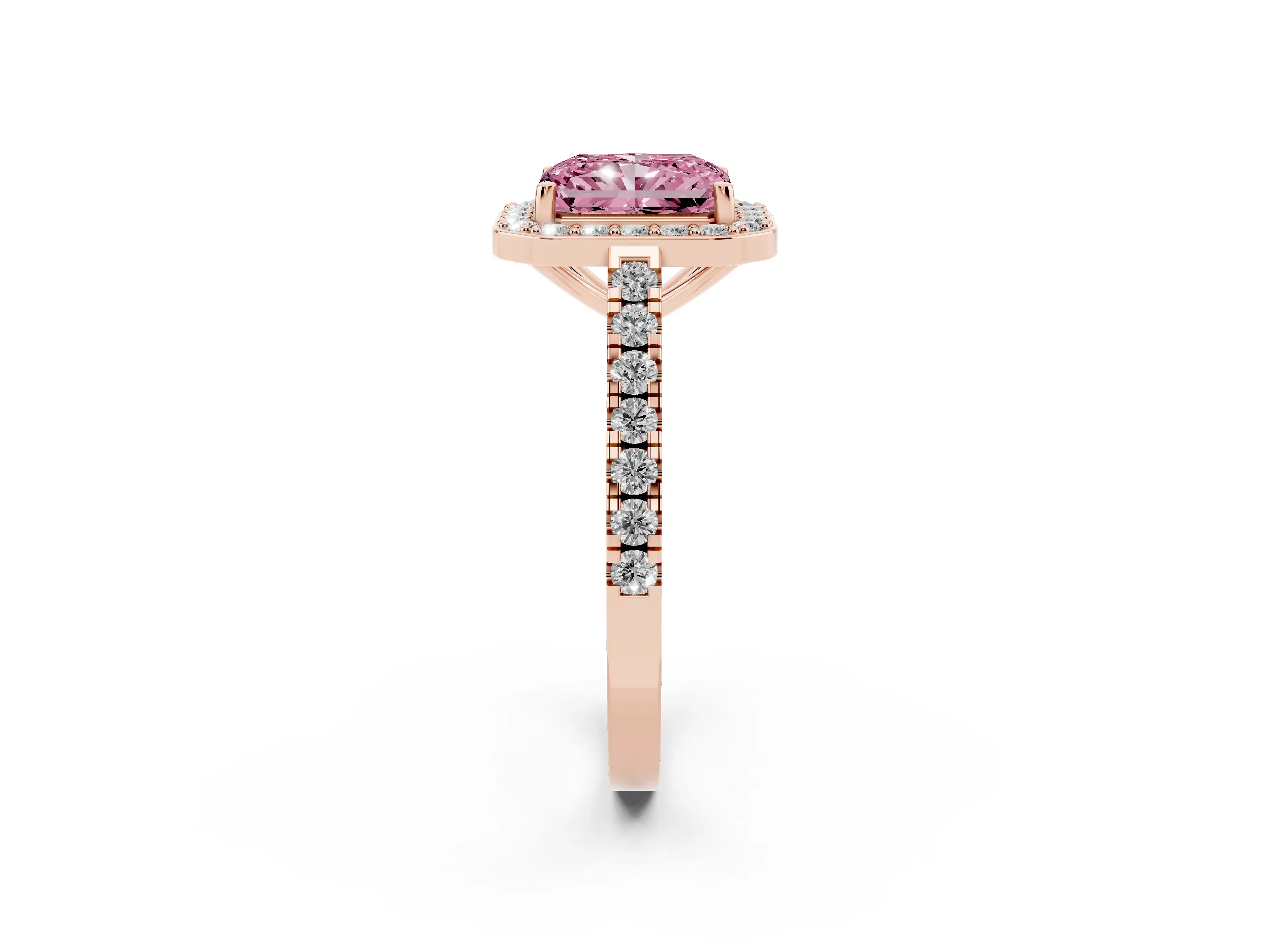 Fancy Pink Radiant Cut Diamond Halo Ring Set in Rose gold with Round Pavé Split Shank and Prong Setting