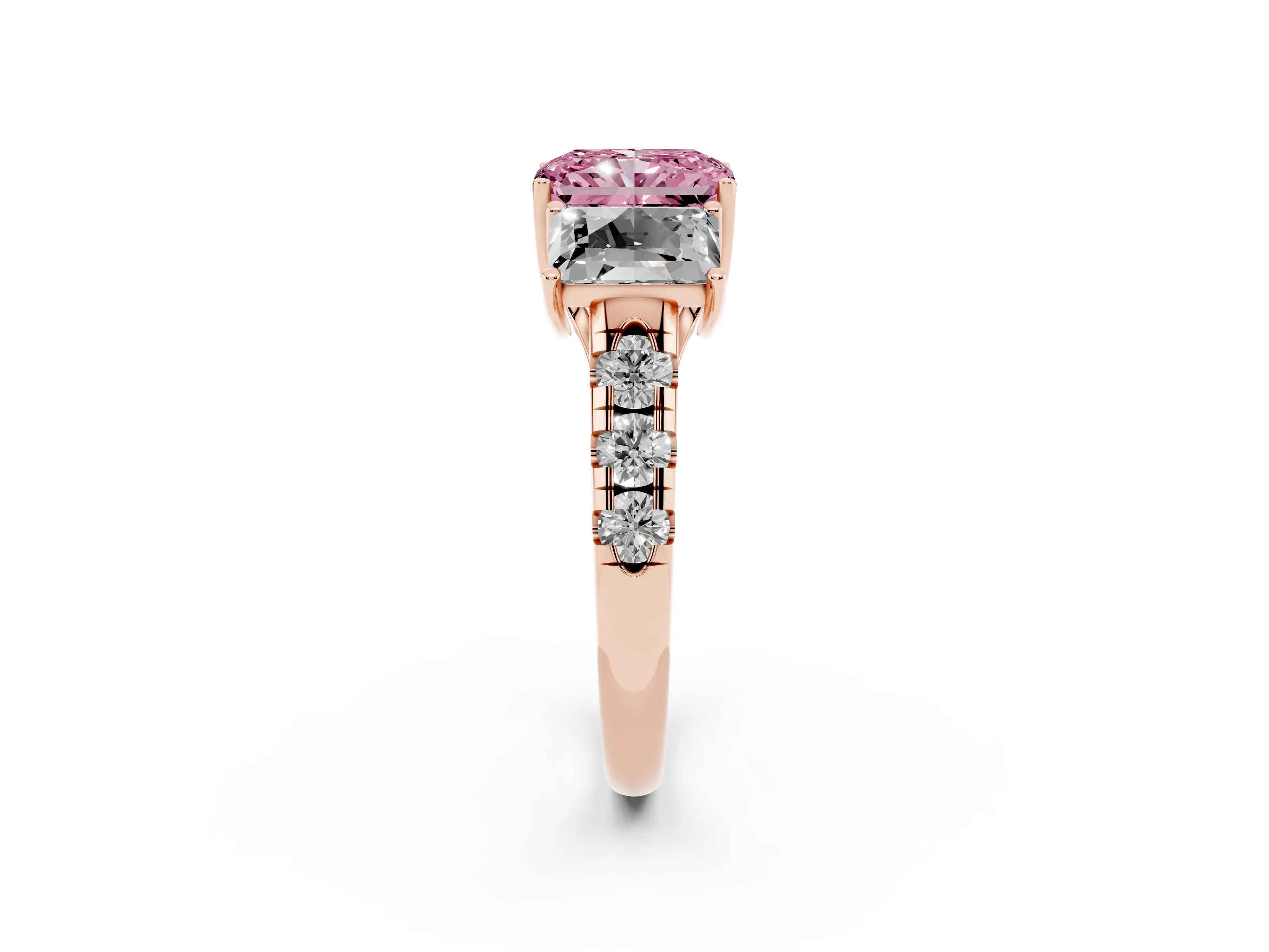 Fancy Pink Radiant Cut Diamond Three-Stone Ring Set in Rose gold with Pavé Band