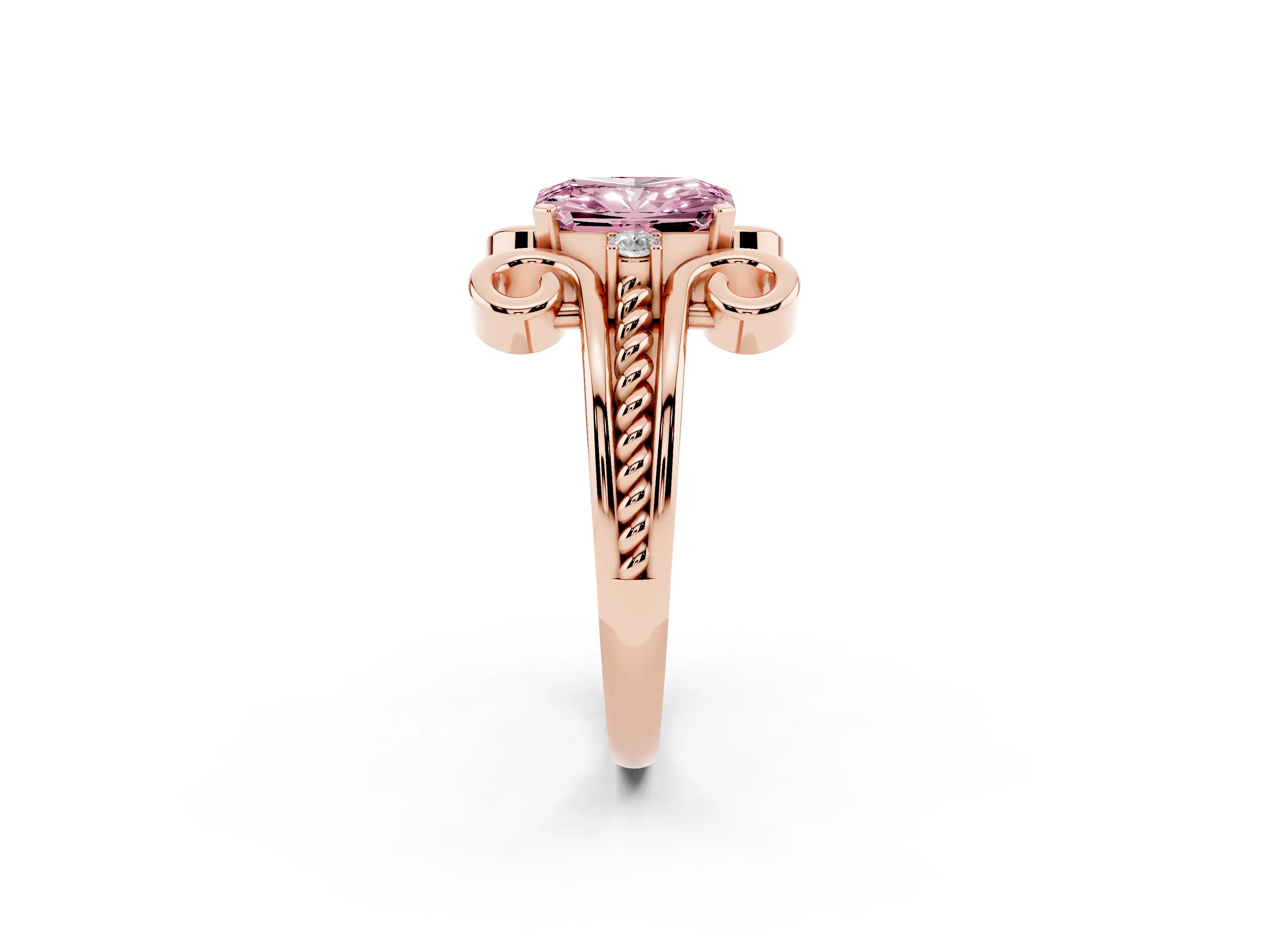 Fancy Pink Radiant Cut Diamond Twisted Band Solitaire Ring Set in Rose gold with Scroll Prongs