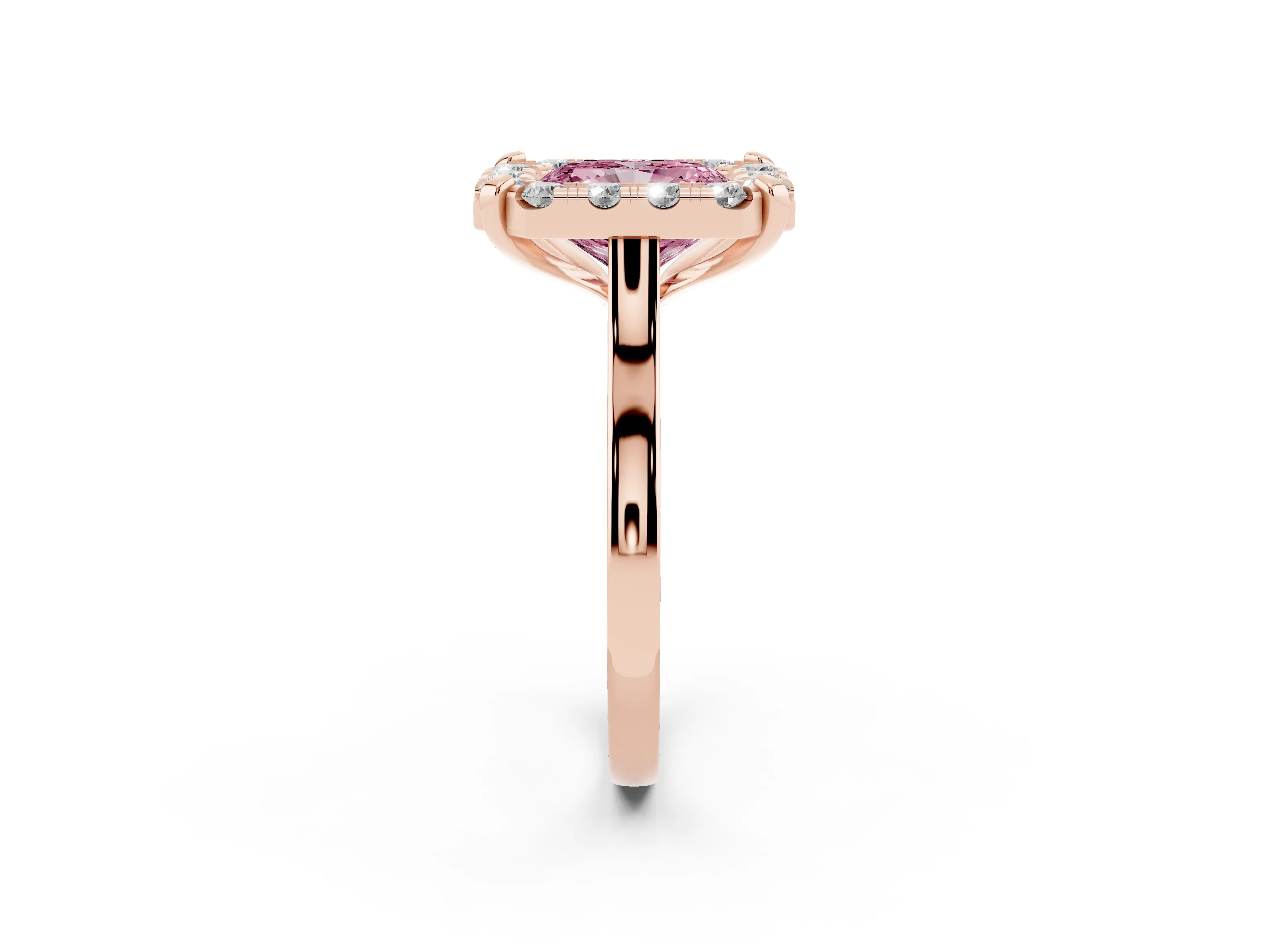 Fancy Pink Radiant Cut Diamond Cluster Halo Solitaire Ring Set in Rose gold with Prong Setting