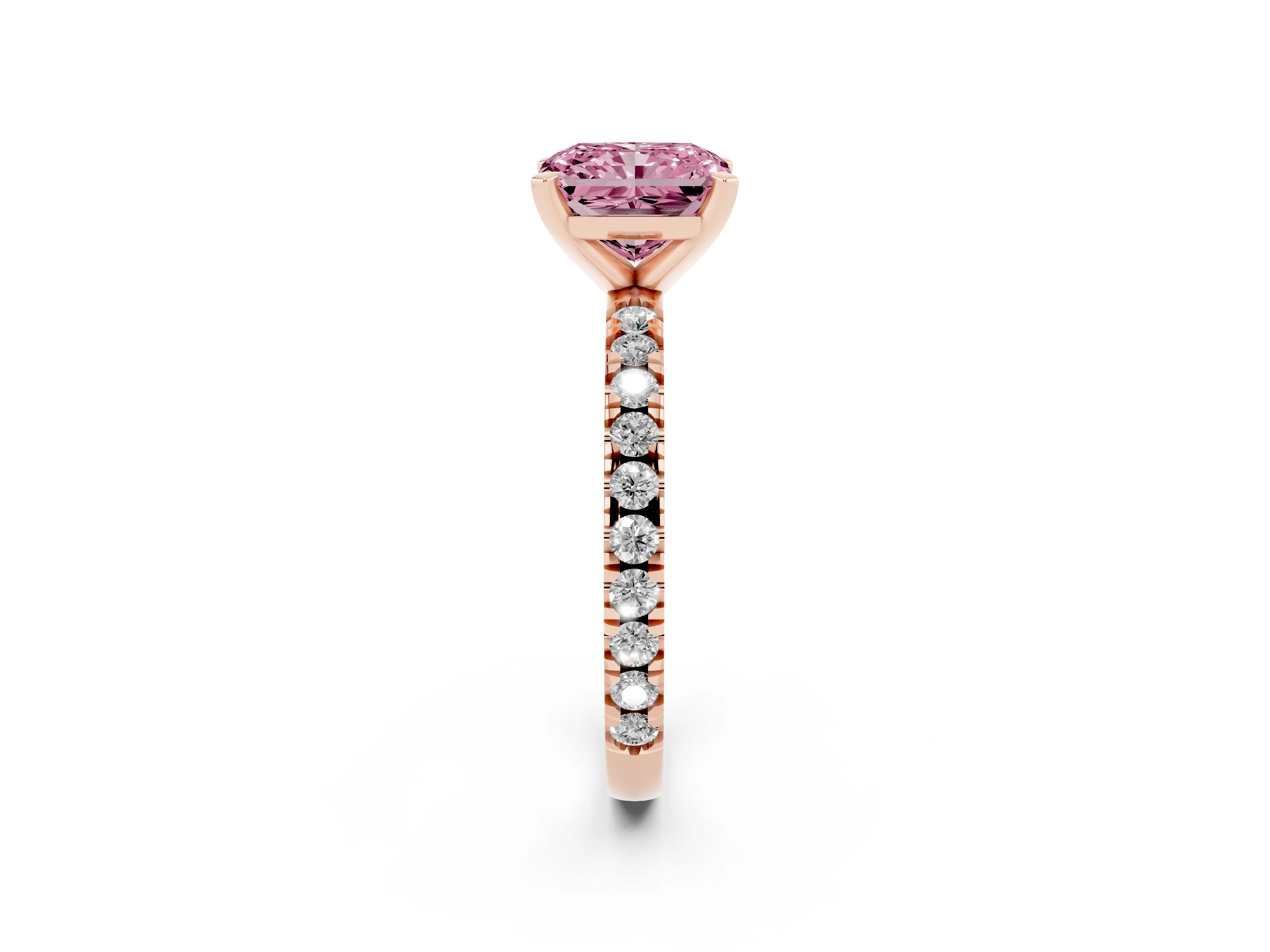 Fancy Pink Radiant Cut Diamond Pavé Band Solitaire Set in Rose gold with Prong Setting