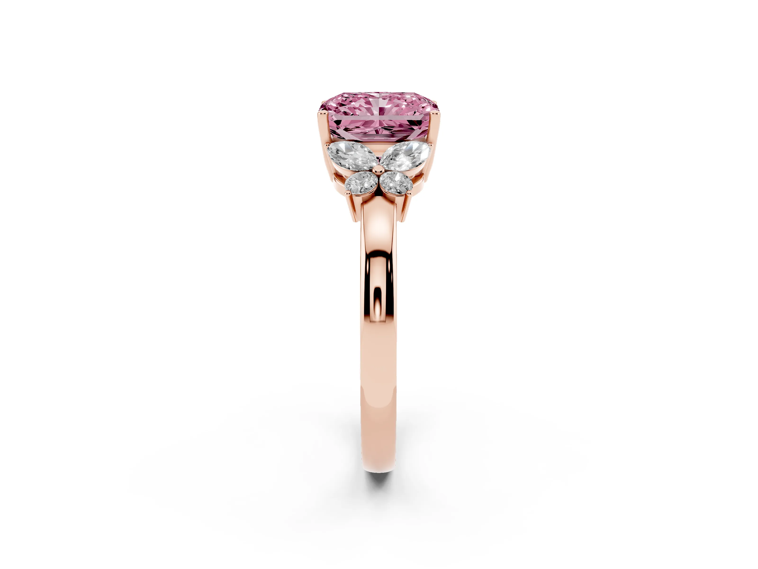 Fancy Pink Radiant Cut Diamond Solitaire Floral Ring Set in Rose gold with Marquise Petals and Prong Setting