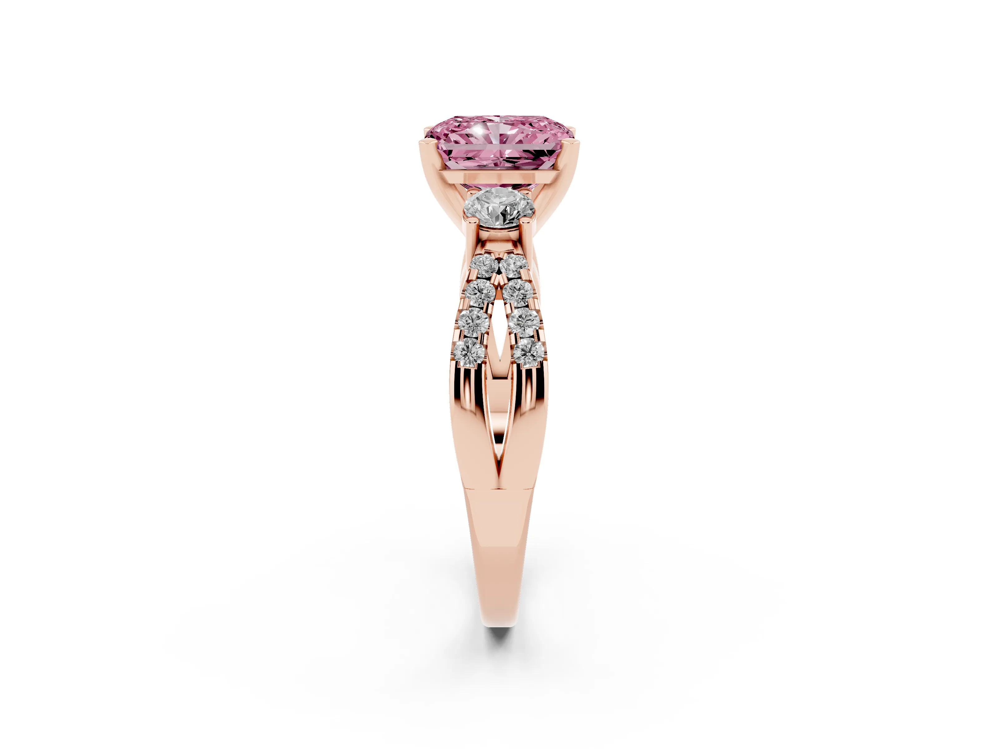 Fancy Pink Radiant Cut Diamond Three-Stone Ring Set in Rose gold with Pavé Split Shank and Prong Setting