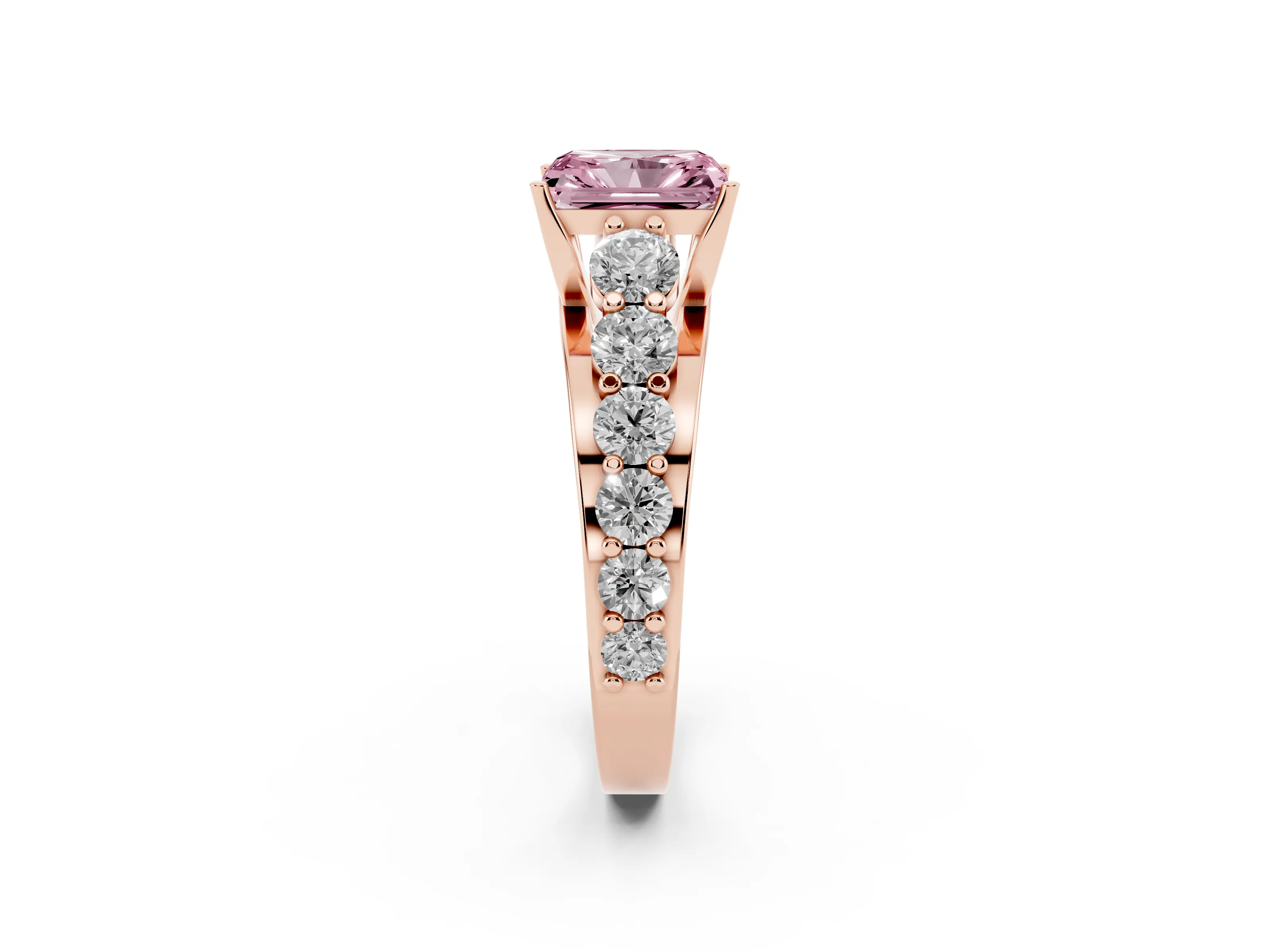 Fancy Pink Radiant Cut Diamond Pavé Engagement Ring Set in Rose gold with Prong Setting