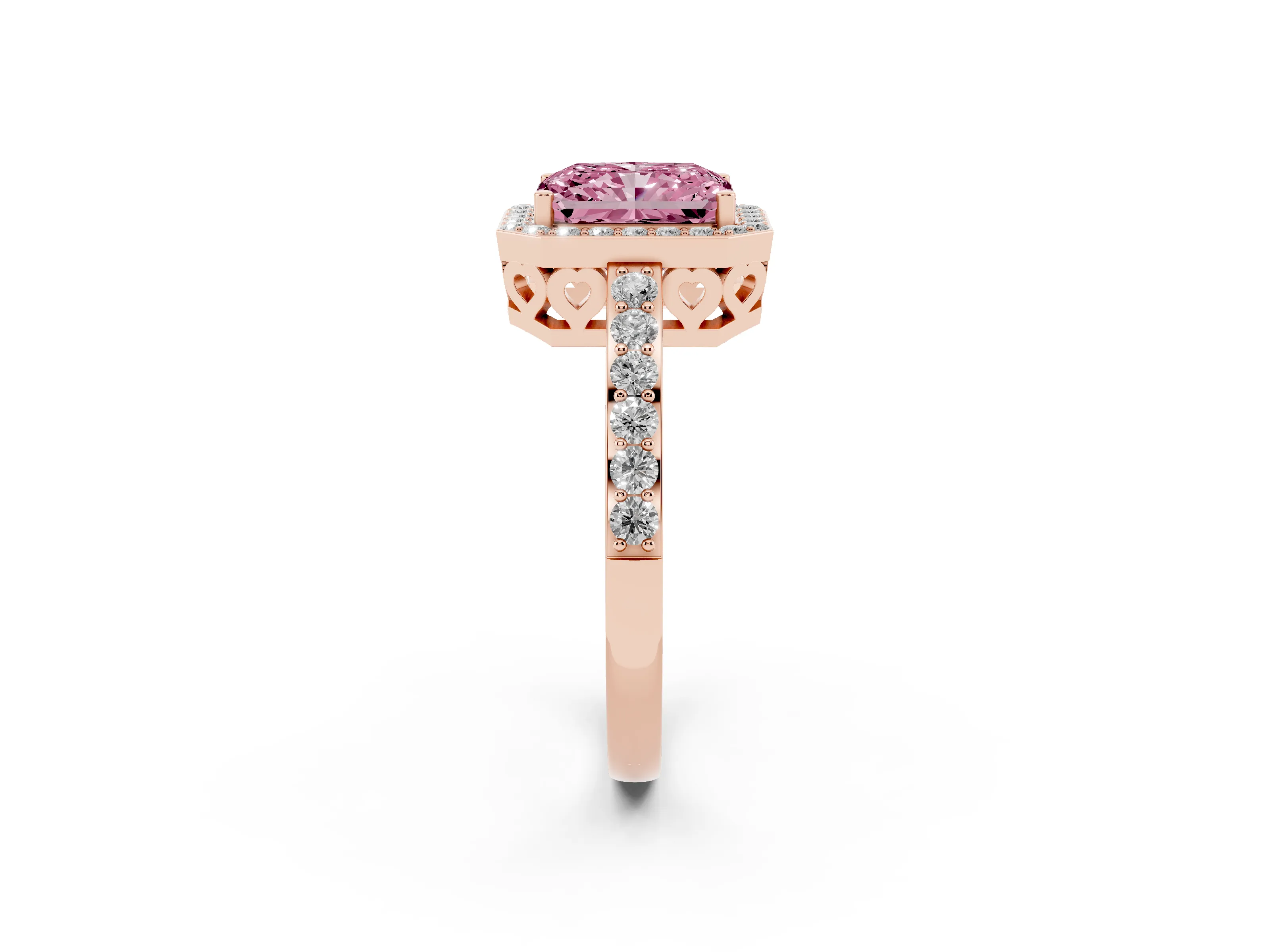 Fancy Pink Radiant Cut Diamond Halo Ring Set in Rose gold with Pavé-Setting Band and Open Prong Center