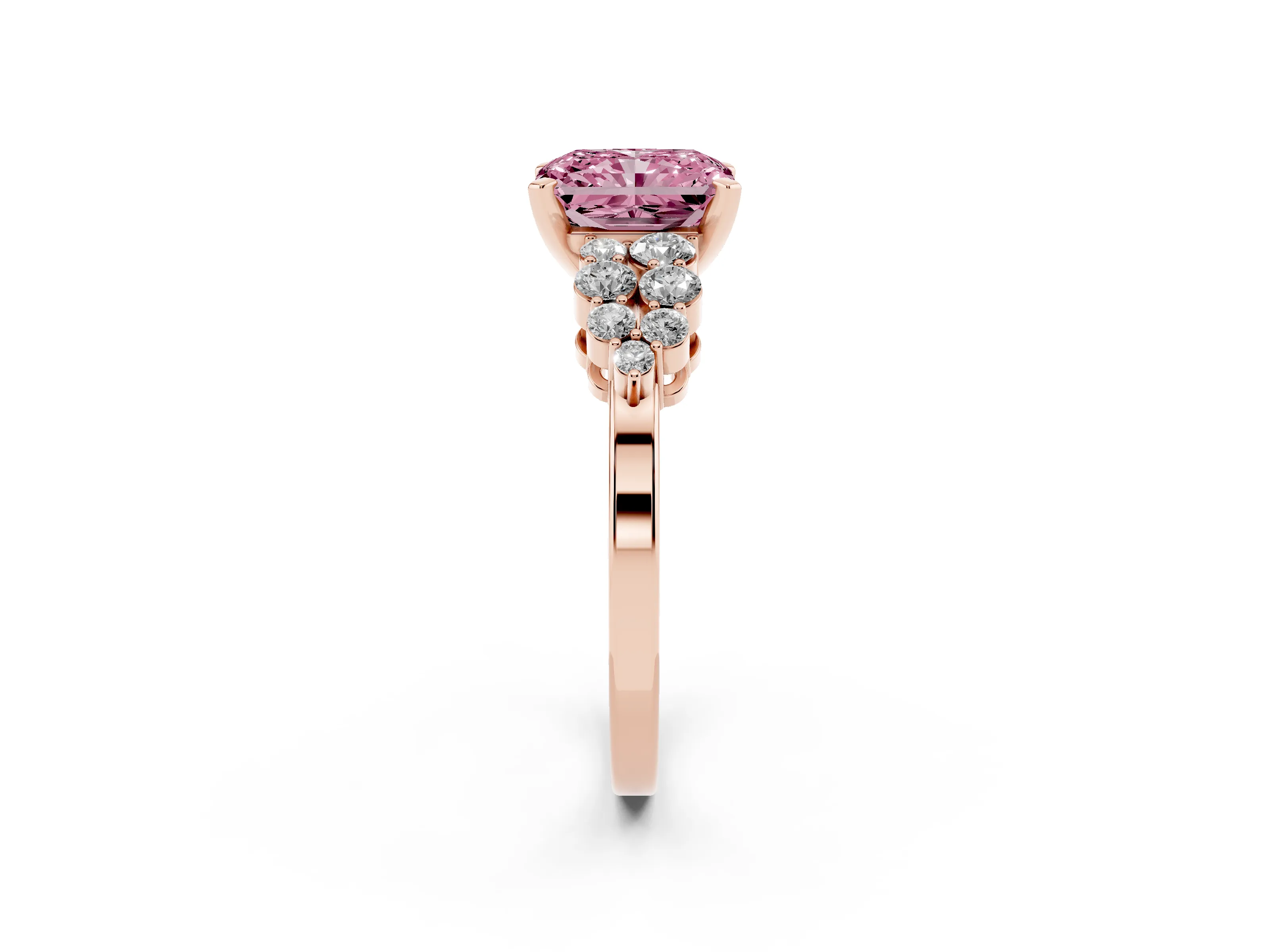 Fancy Pink Radiant Cut Diamond Cluster Engagement Ring Set in Rose gold with Pavé Band and Prong Setting