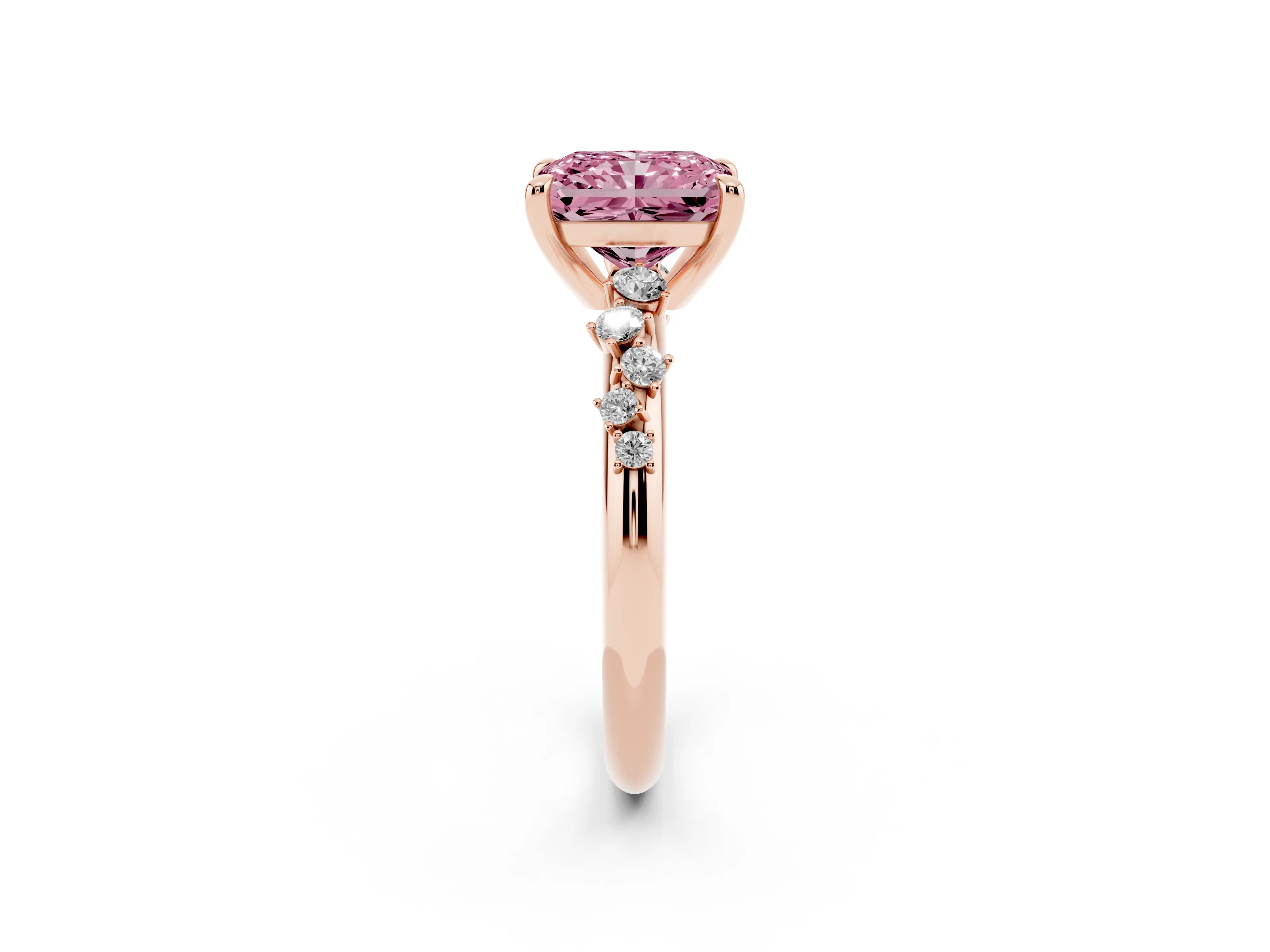 Fancy Pink Radiant Cut Diamond Solitaire Vine Band Ring Set in Rose gold with Round Accents and Prong Setting