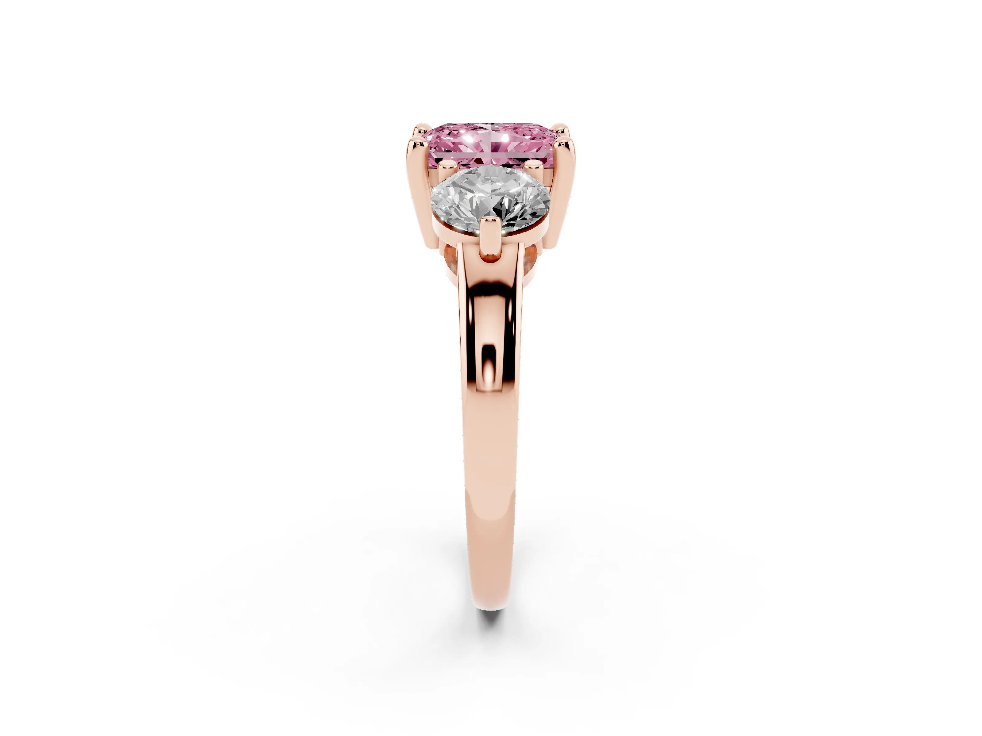 Fancy Pink Radiant Cut Diamond Three-Stone Ring Set in Rose gold with Prong Setting and Classic Band