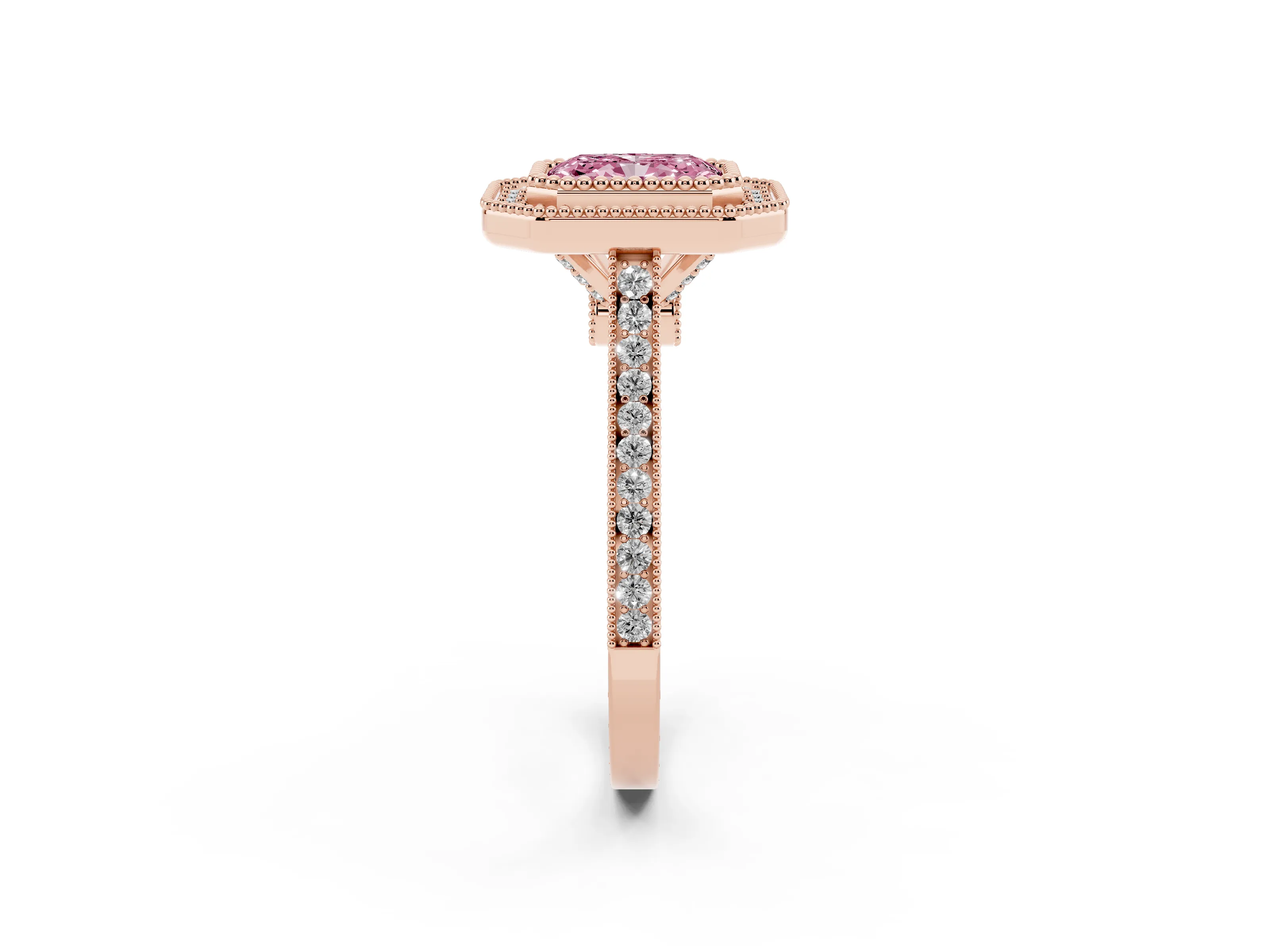 Fancy Pink Radiant Cut Diamond Halo Ring Set in Rose gold with Milgrain Frame and Pavé Band