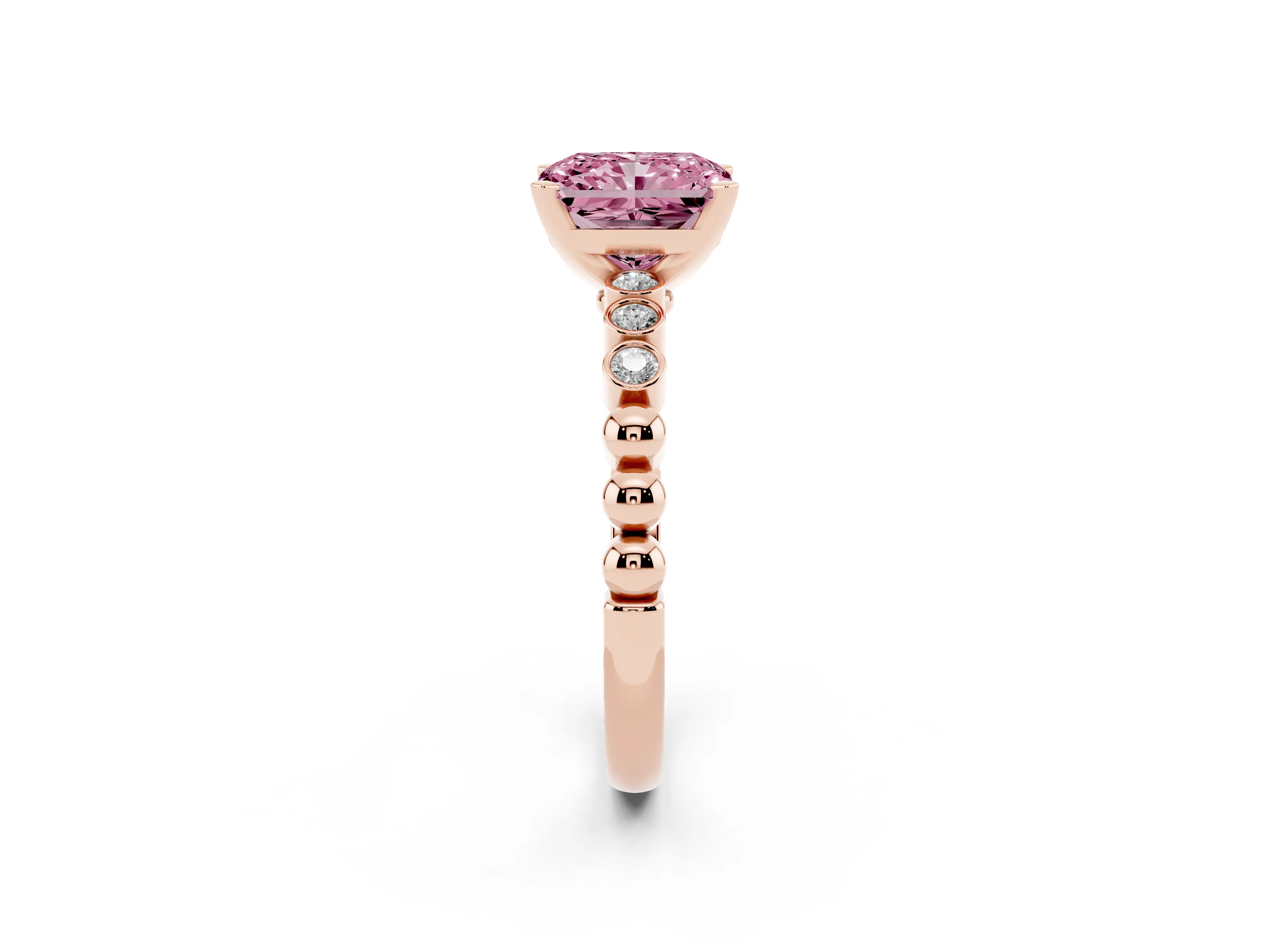 Fancy Pink Radiant Cut Diamond Solitaire Engagement Ring Set in Rose gold with Bezel Accents on Beaded Band