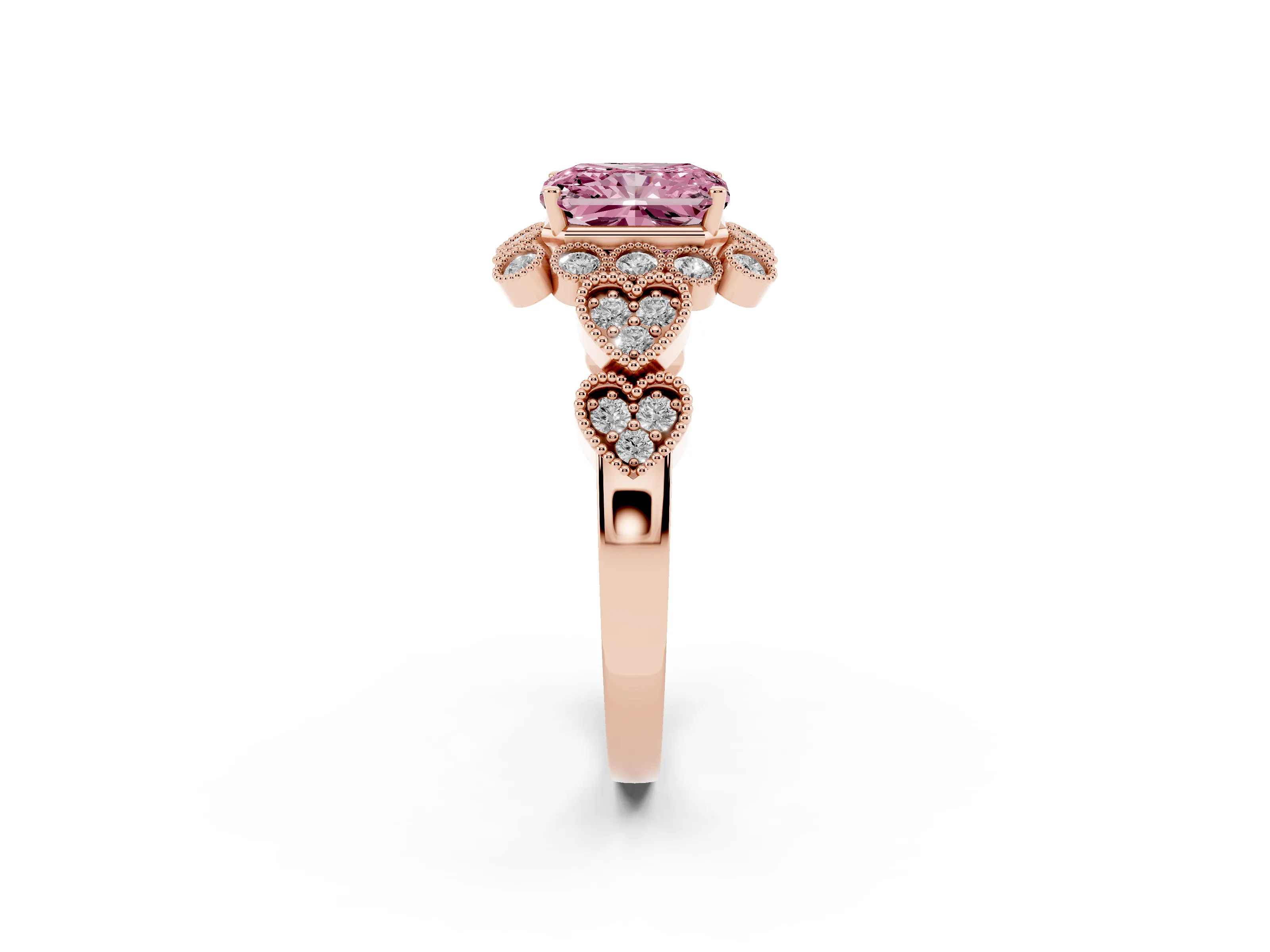 Fancy Pink Radiant Cut Diamond Solitaire Ring Set in Rose gold with Milgrain Pavé Heart Band