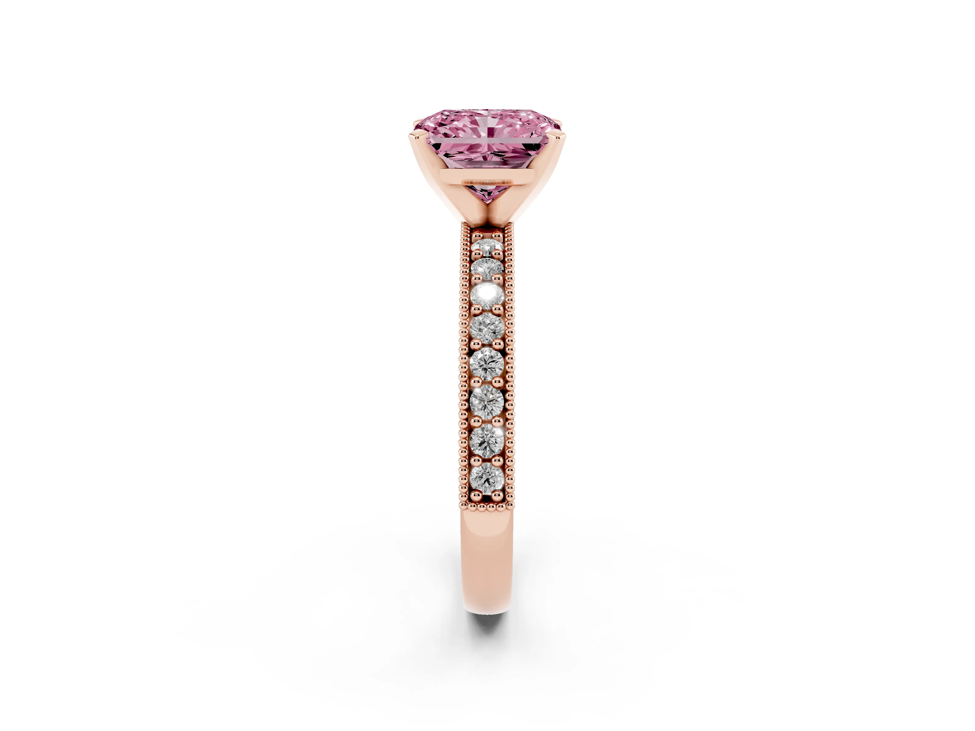 Fancy Pink Radiant Cut Diamond Milgrain Pavé Engagement Ring Set in Rose gold with Prong Setting