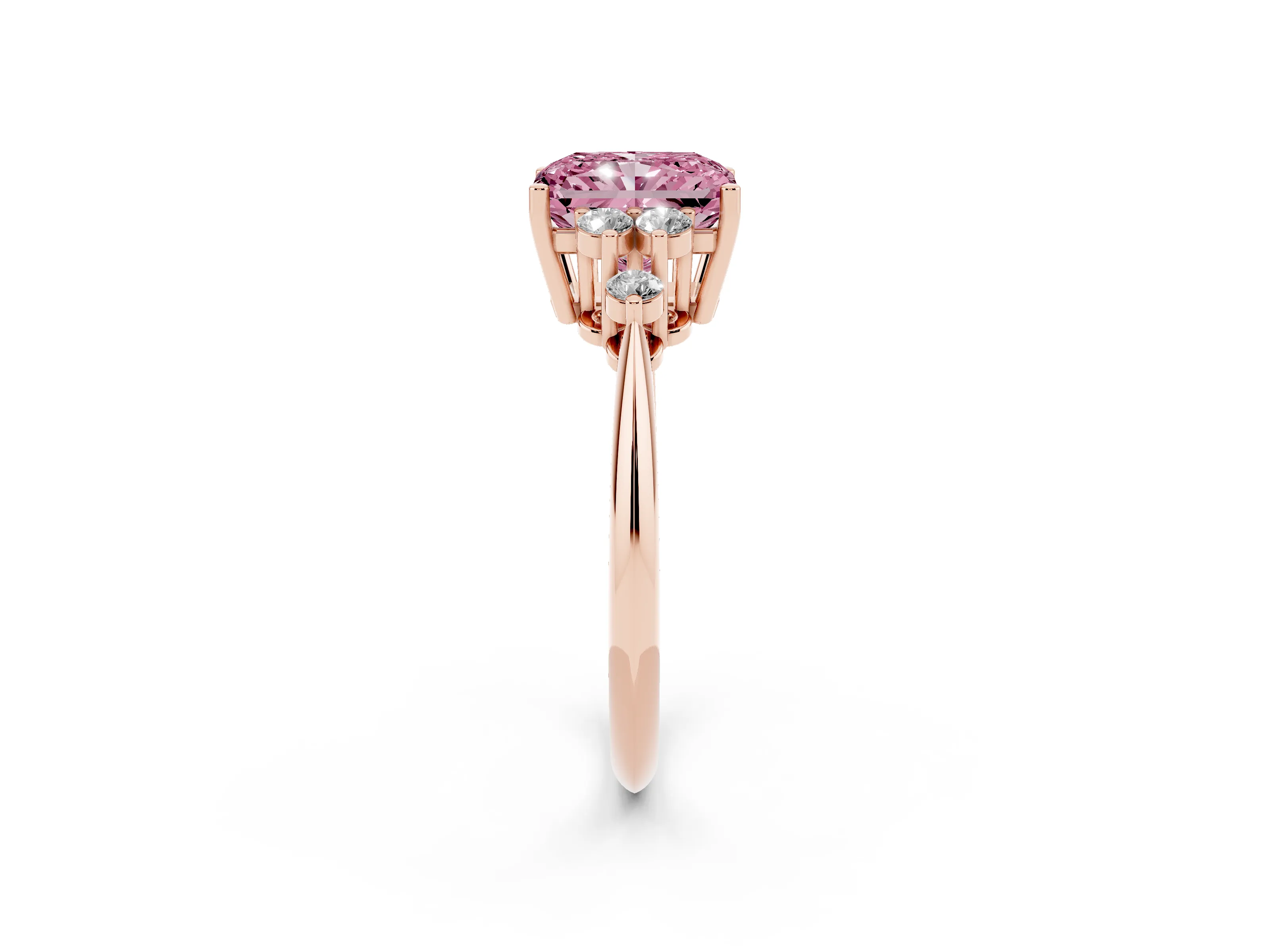 Fancy Pink Radiant Cut Diamond Cluster Ring Set in Rose gold with Plain Band and Prong Setting