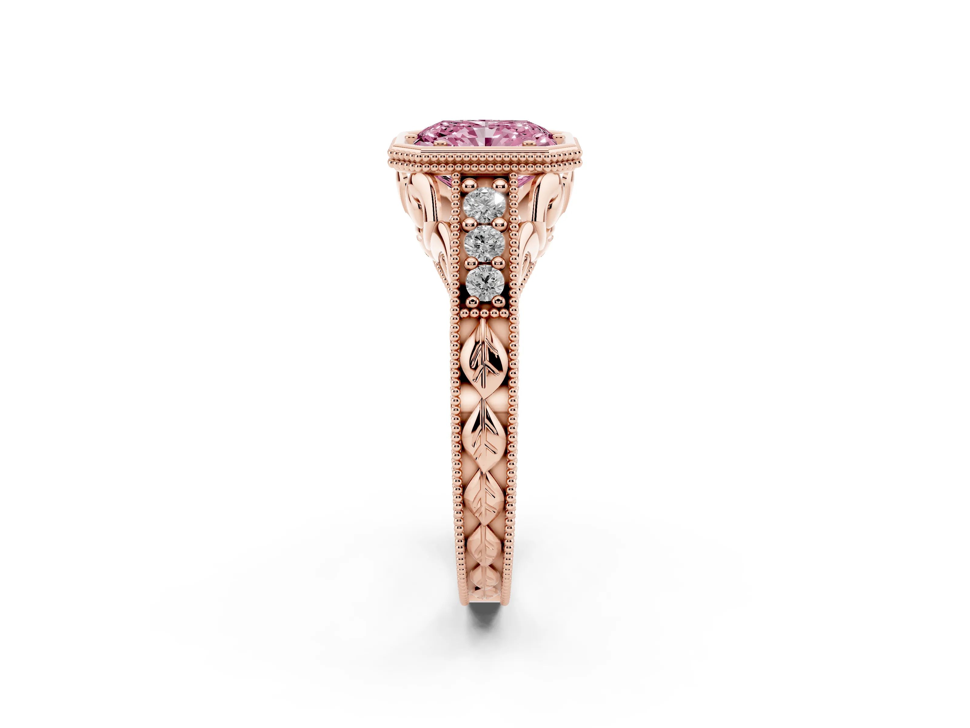 Fancy Pink Bezel Set Radiant Cut Diamond Milgrain Pavé Engagement Ring Set in Rose gold