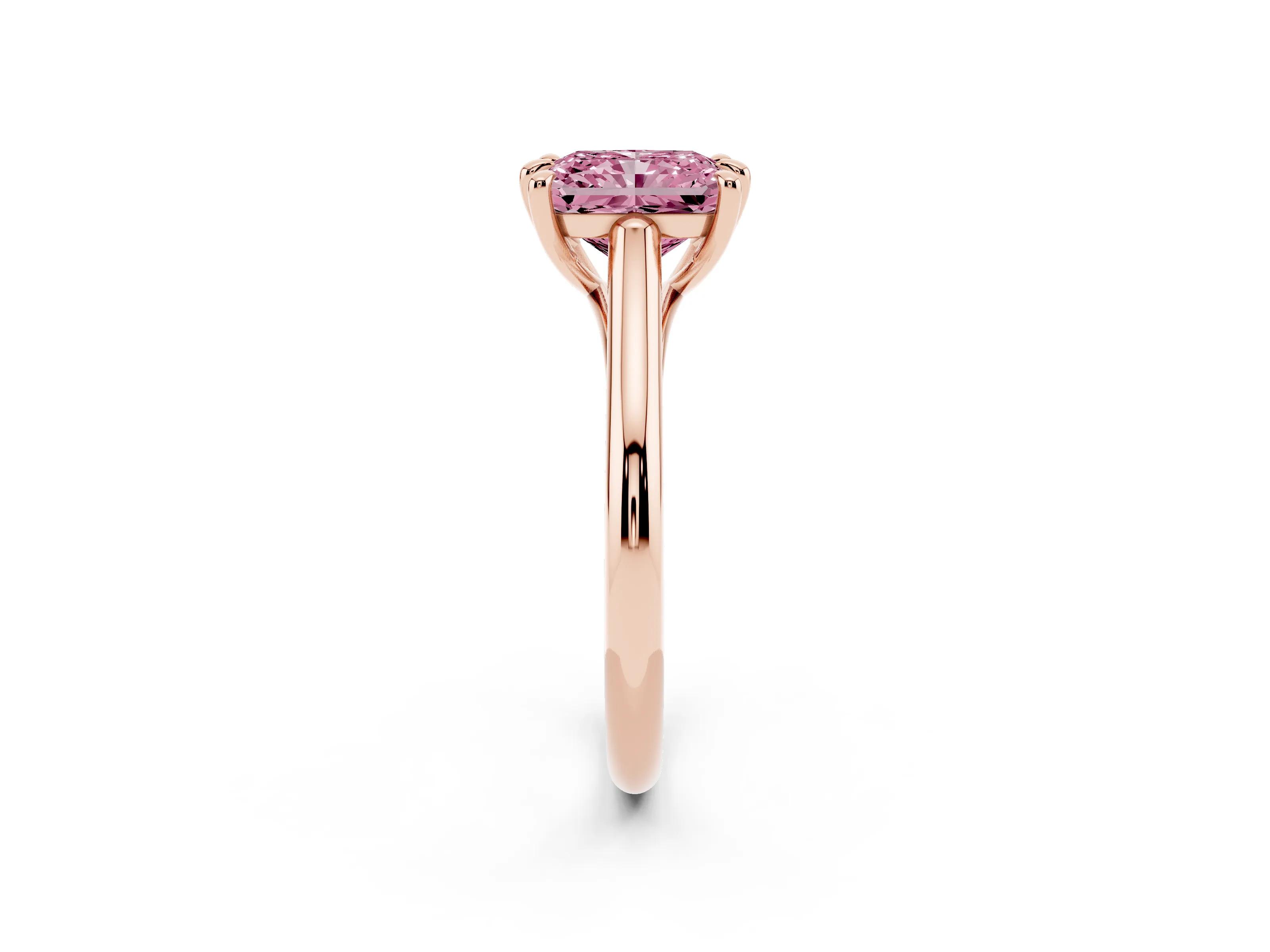 Fancy Pink Radiant Cut Diamond Solitaire Engagement Ring Set in Rose gold with Prong Setting and Plain Classic Band