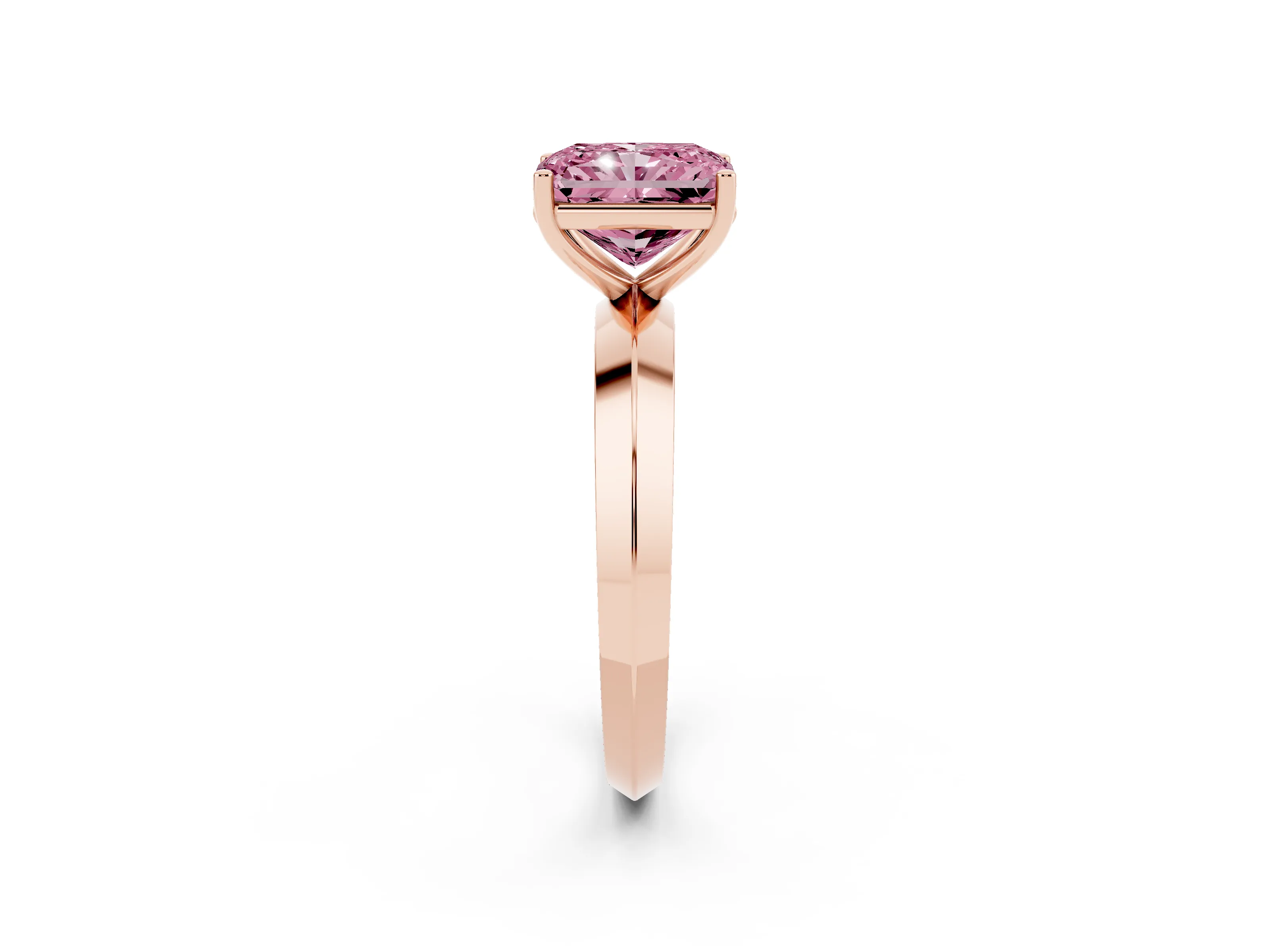 Fancy Pink Radiant Cut Diamond Solitaire Engagement Ring Set in Rose gold with Flat Band and Prong Setting