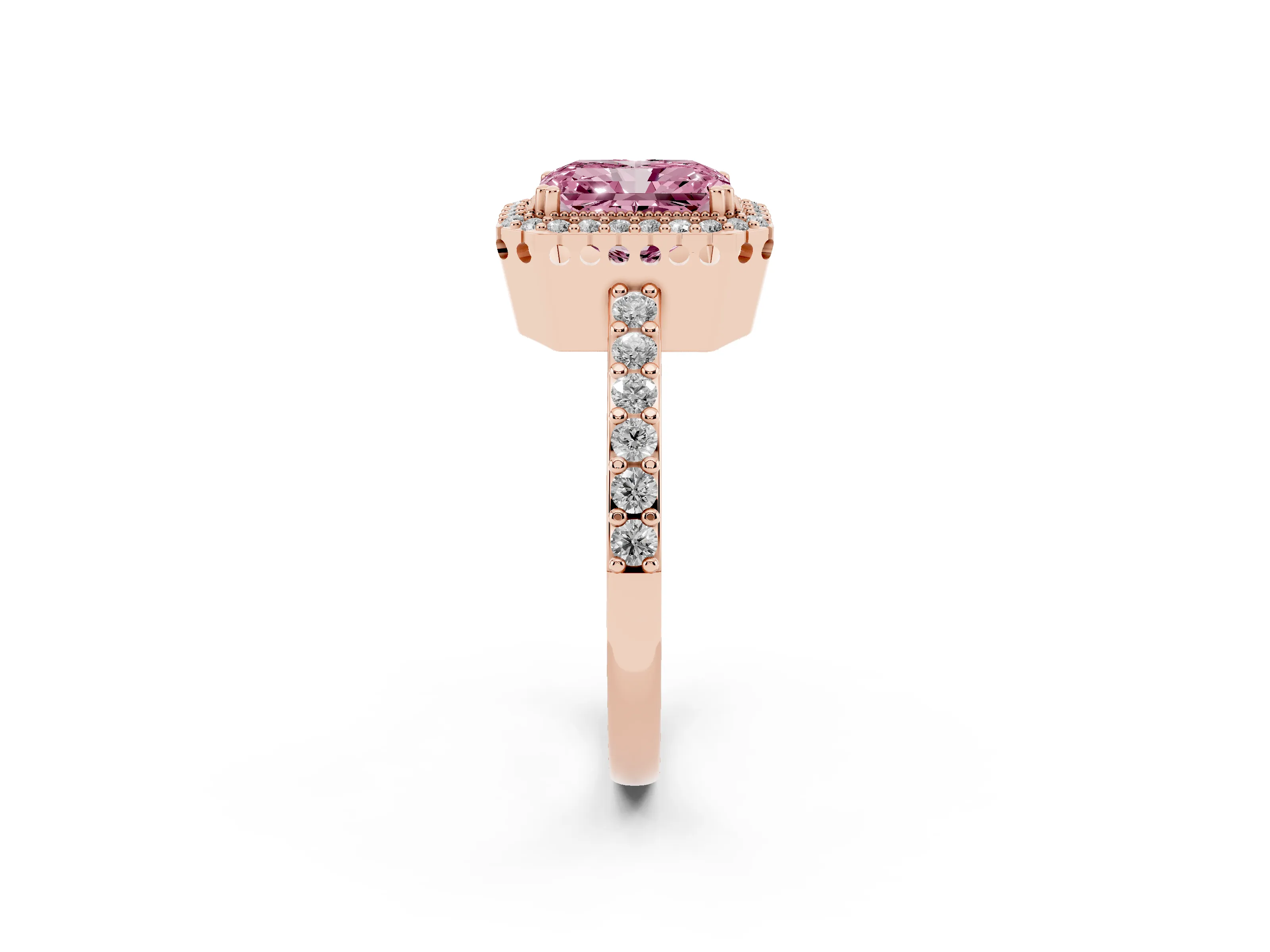 Fancy Pink Radiant Cut Diamond Halo Engagement Ring Set in Rose gold with Milgrain Detail and Pavé Band