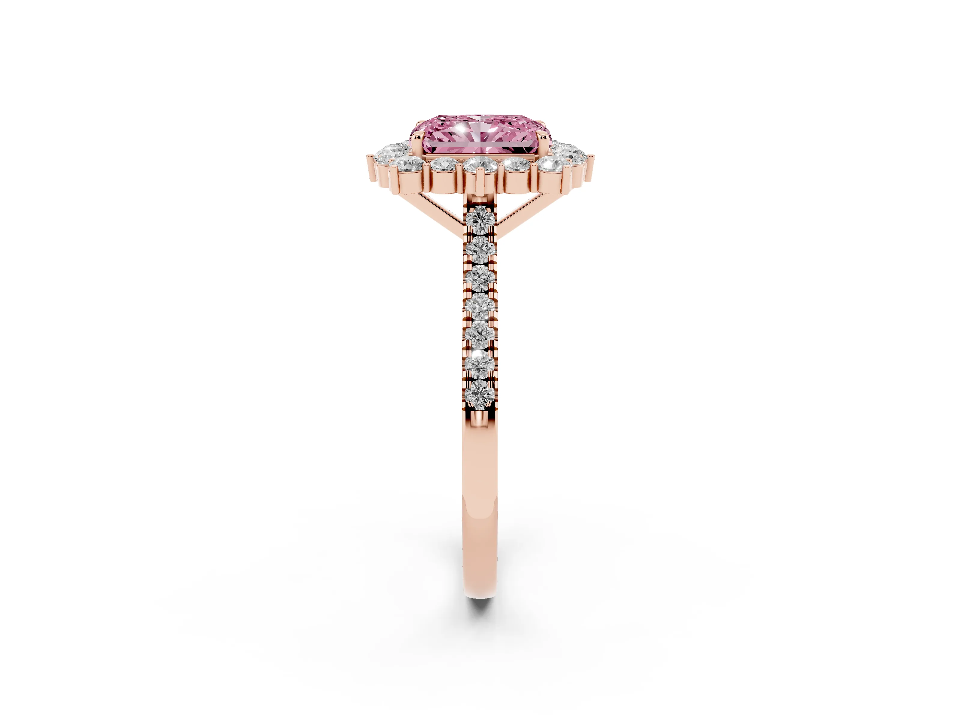 Fancy Pink Radiant Cut Diamond Halo Ring Set in Rose gold with Pavé Band and Prong Setting