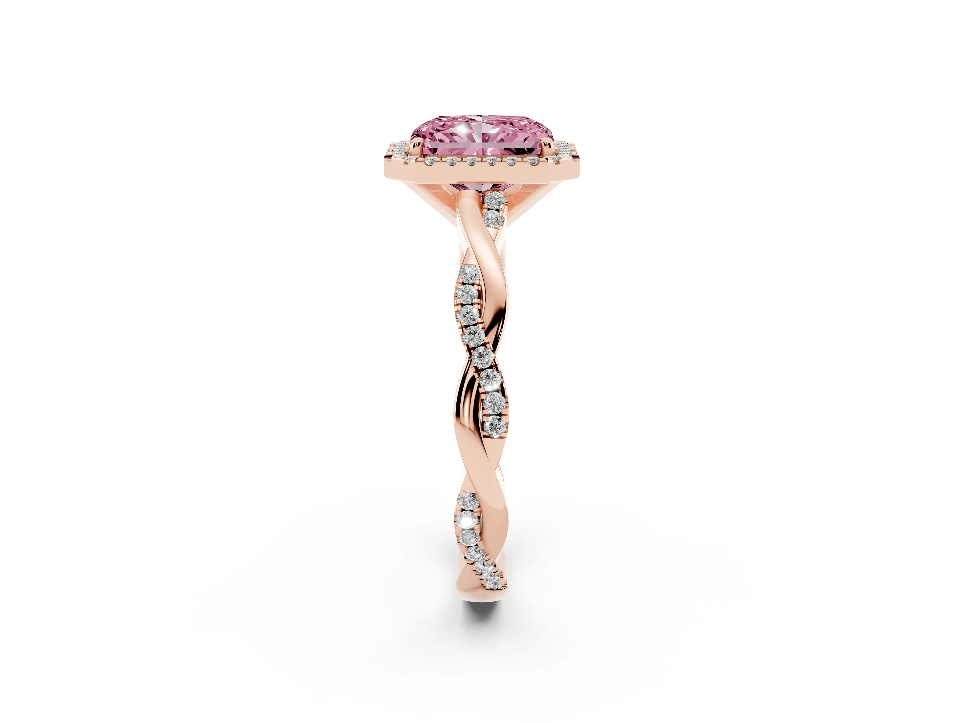 Fancy Pink Radiant Cut Diamond Halo Twisted Band Ring Set in Rose gold with Prong Setting