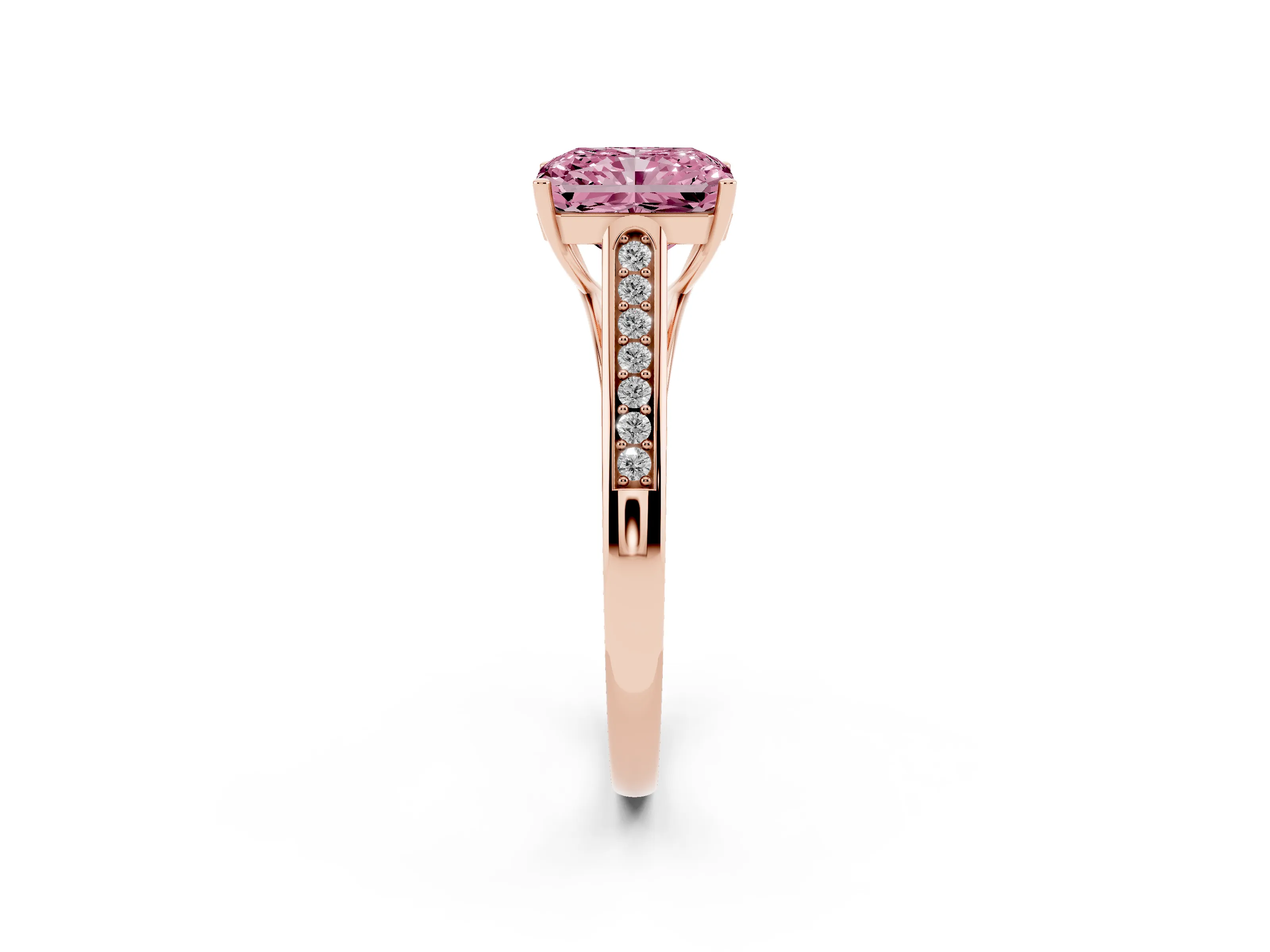 Fancy Pink Radiant Cut Diamond Solitaire Cathedral Engagement Ring Set in Rose gold with Channel-Set Band and Prong Setting