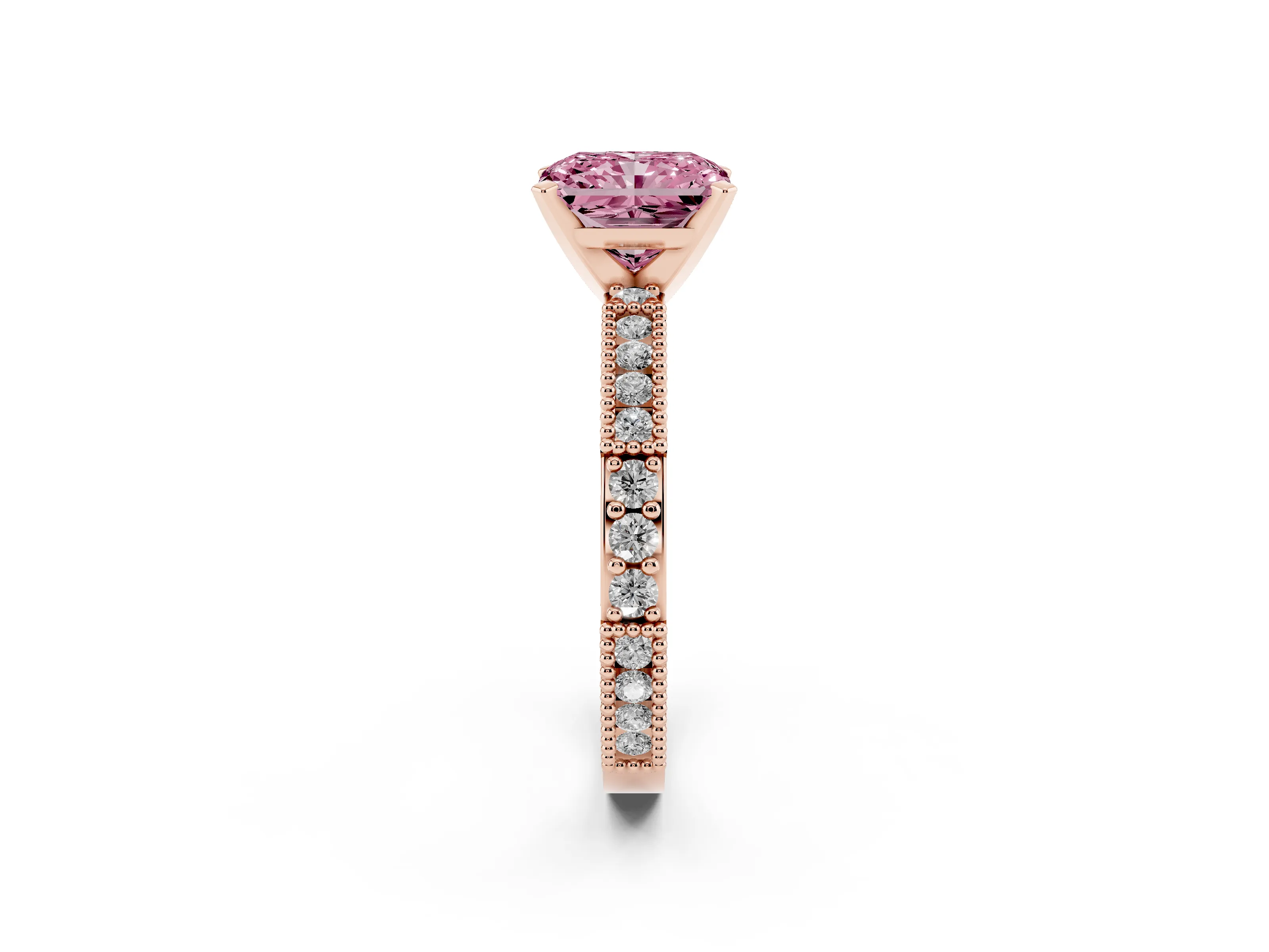 Fancy Pink Radiant Cut Diamond Solitaire Ring Set in Rose gold with Slim Pavé Band and Prong Setting