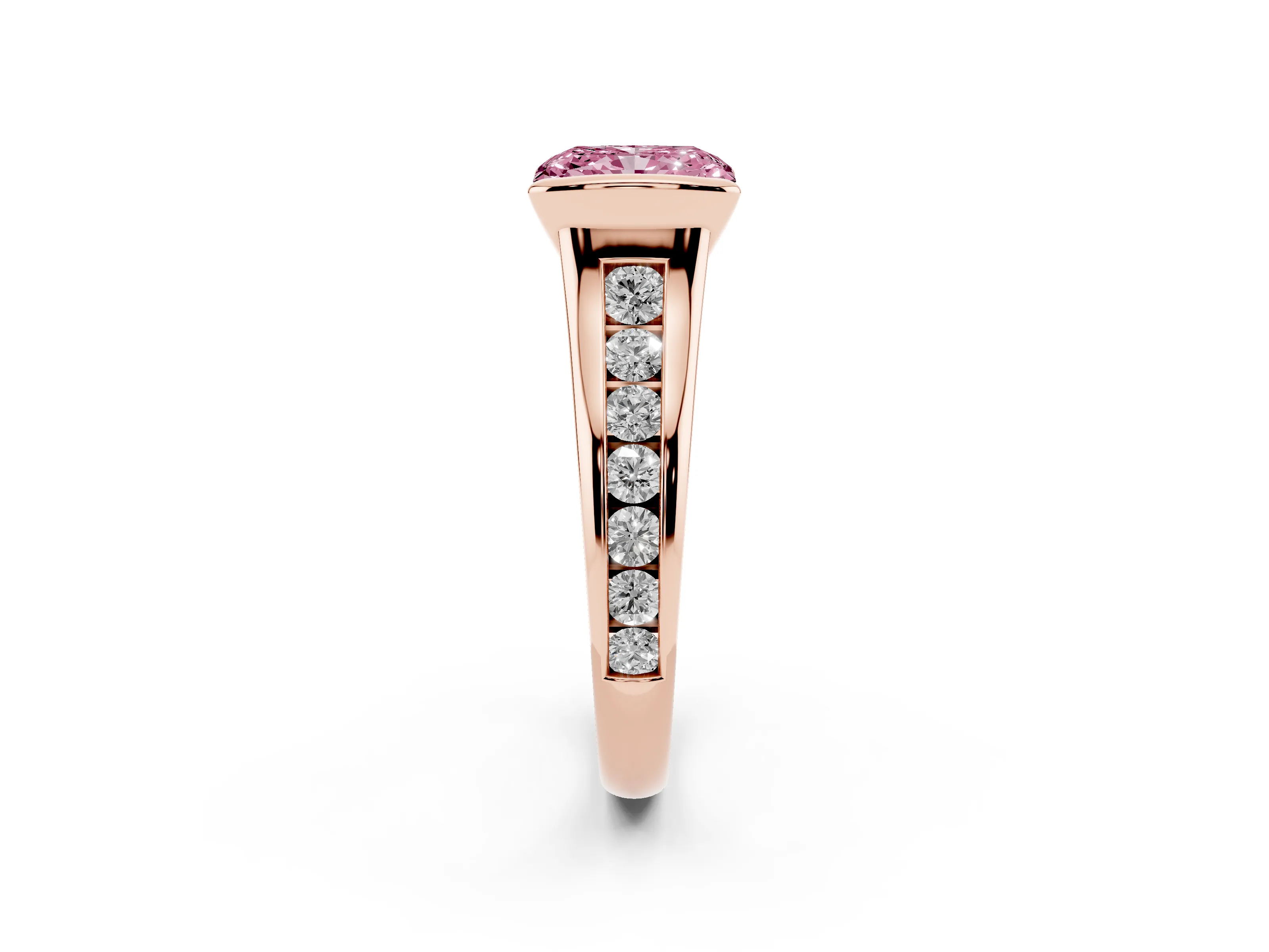 Fancy Pink Radiant Cut Diamond Bezel-Set Solitaire Ring Set in Rose gold with Channel-Set Band