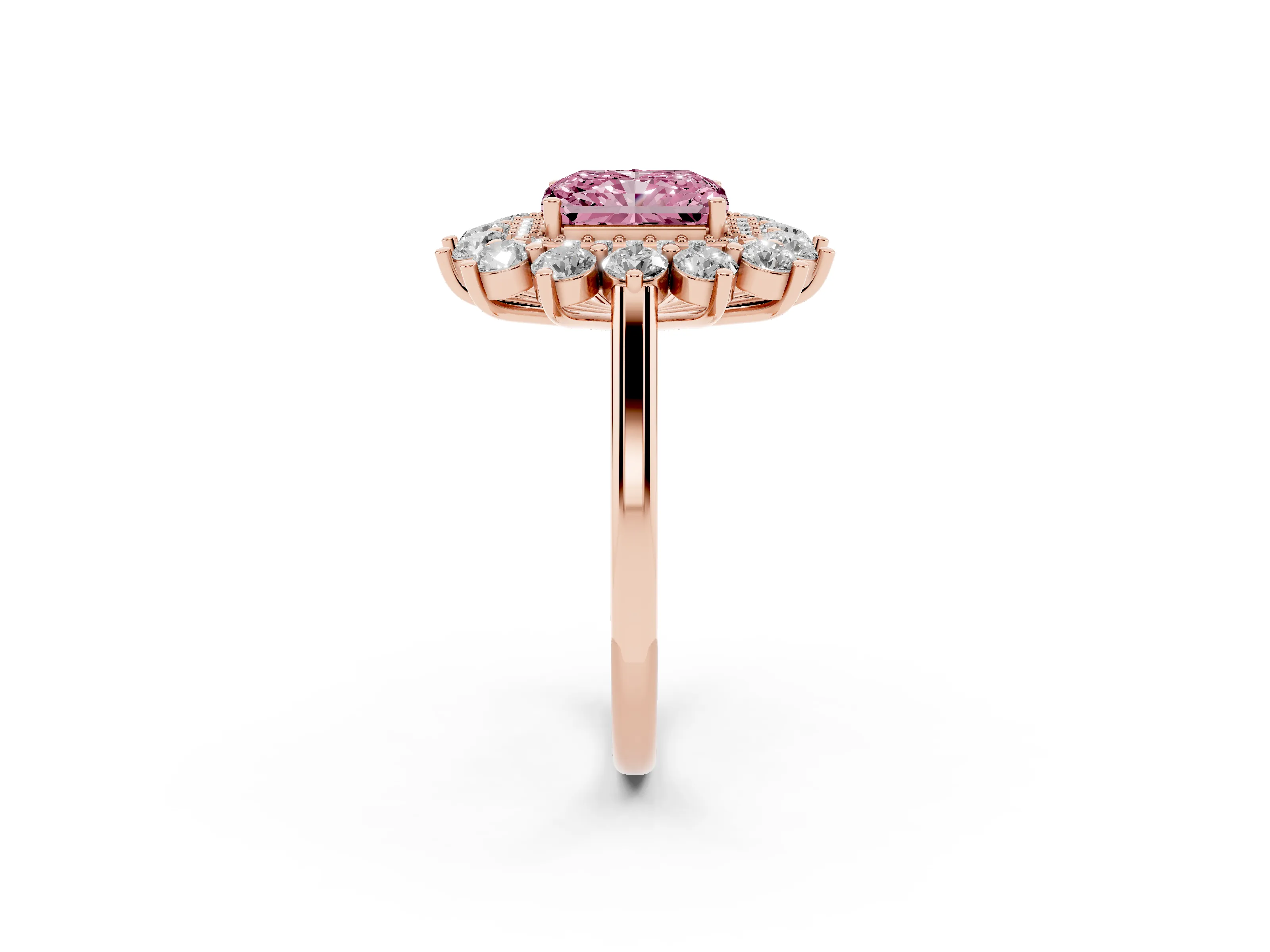 Fancy Pink Radiant Cut Diamond Floral Double Halo Ring Set in Rose gold with Round Petals